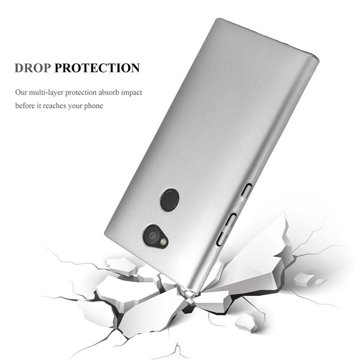 Custodia per telefono argentata incrinata dall'impatto. Testo: “Drop Protection”. Sfondo bianco.