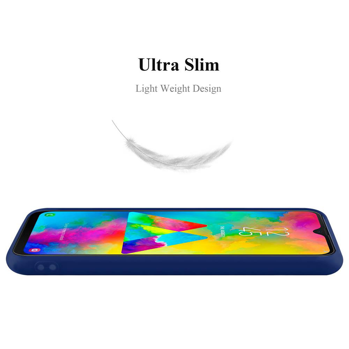 Una custodia per telefono blu navy, vista di lato. Una piuma fluttua sopra il telefono, con il testo 'Ultra Slim'.