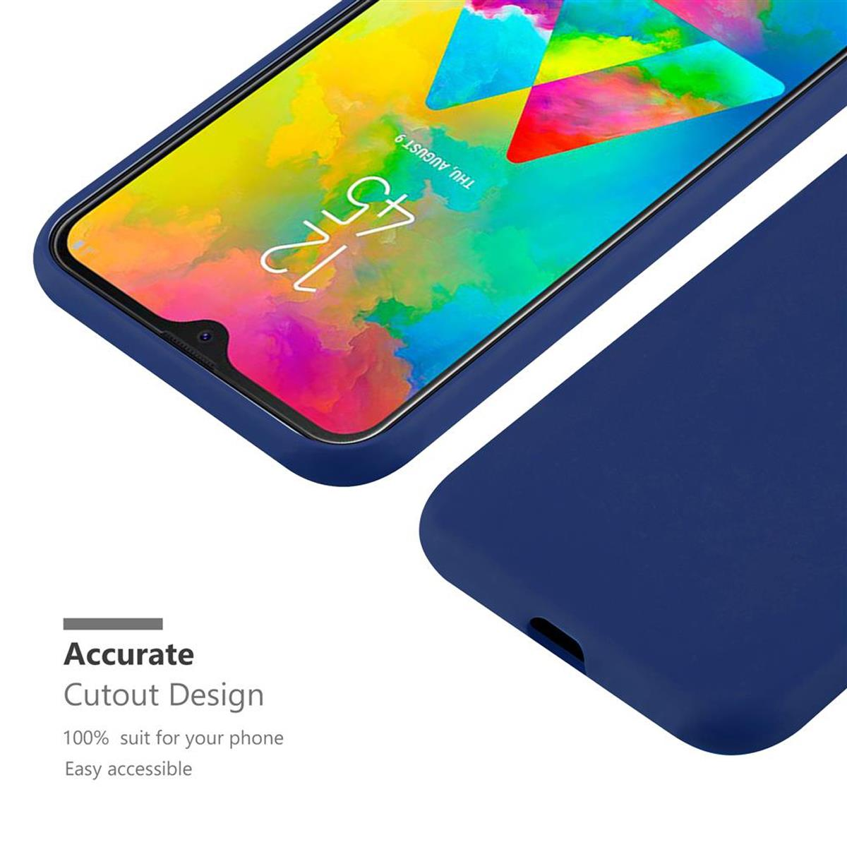 Custodia blu, con schermo del telefono visibile, che mostra l'ora.