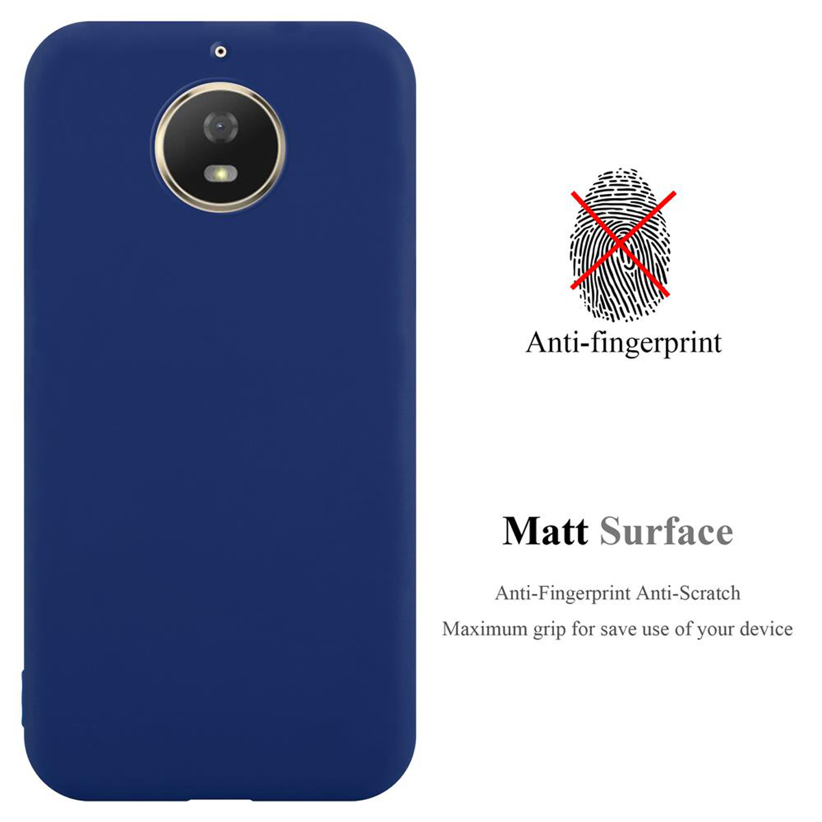 Custodia blu per telefono, con anti-impronte e superficie opaca, sfondo bianco.