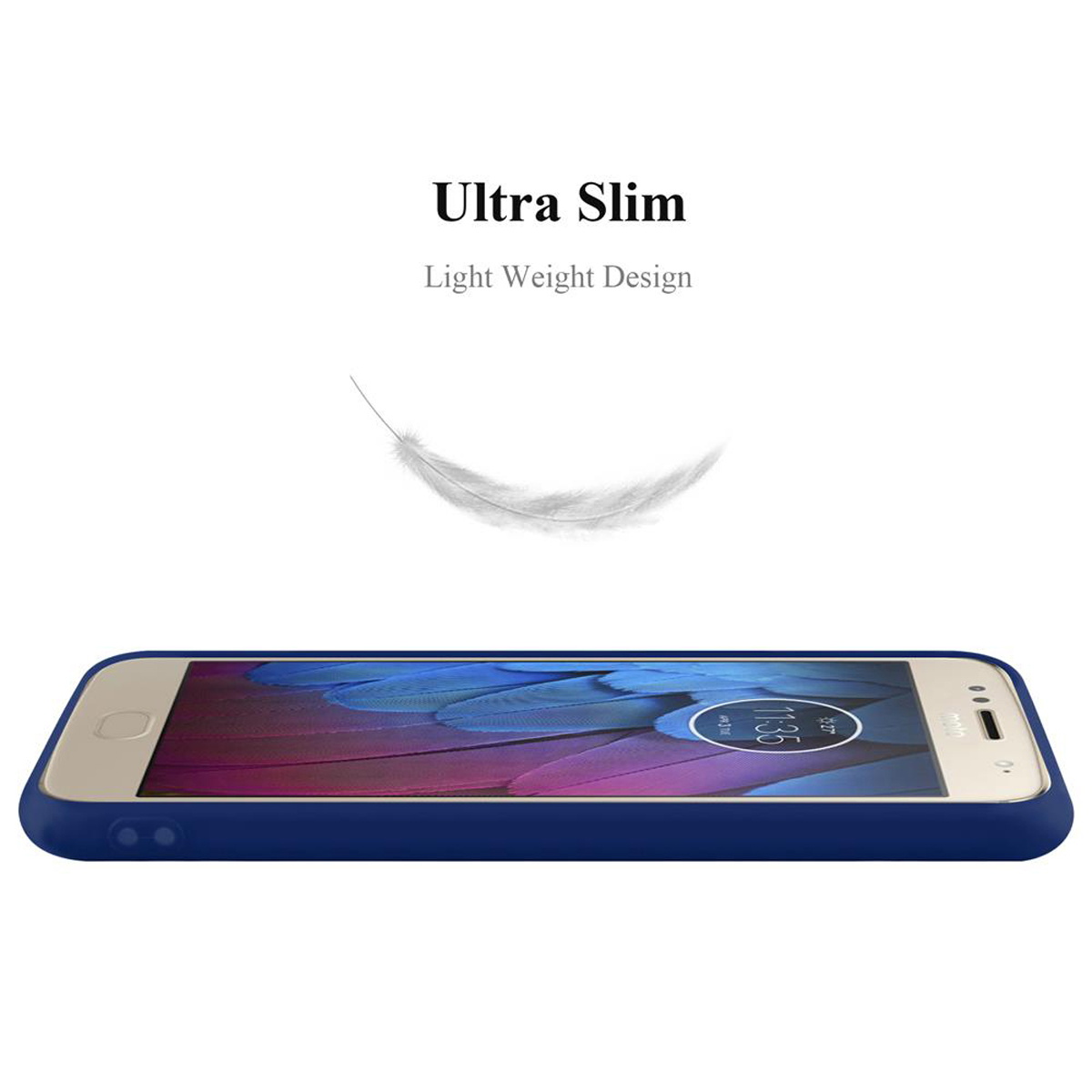 Una custodia blu con un telefono dentro, una piuma e del testo su sfondo bianco.