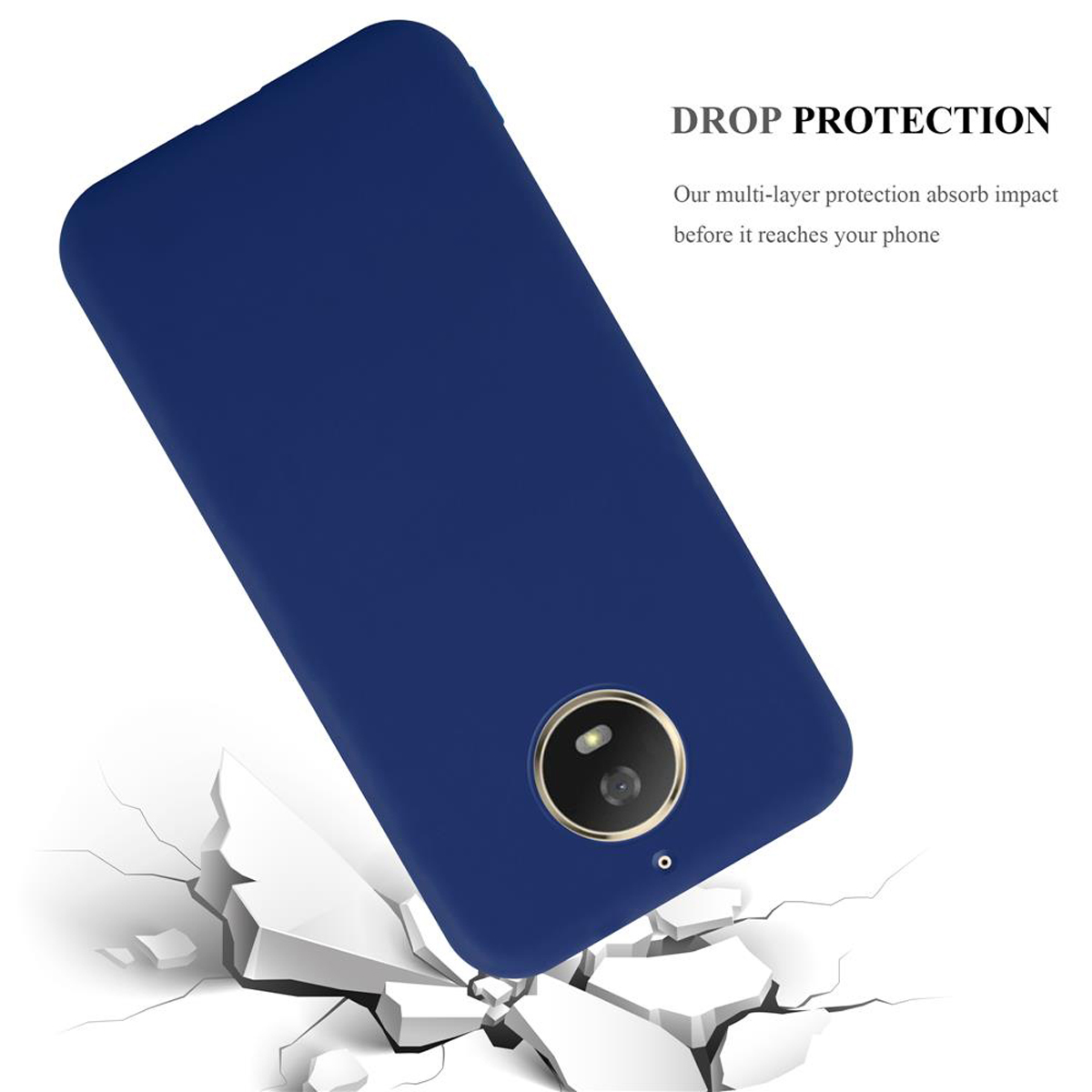 Una custodia per telefono blu scuro sembra cadere su una superficie incrinata, con il testo protezione dalle cadute.
