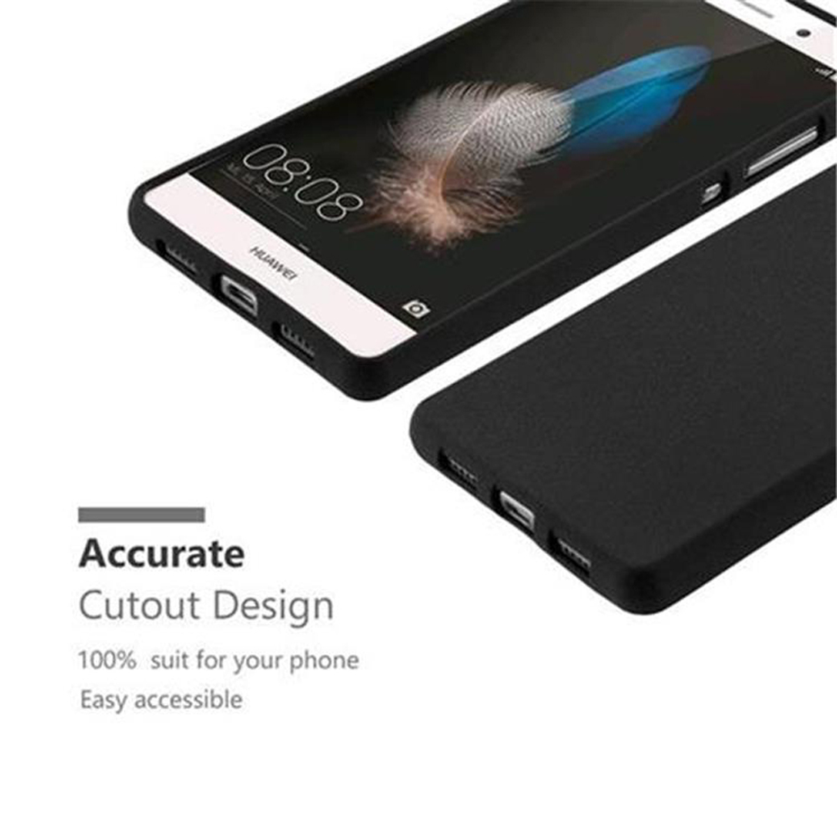 Due custodie per telefono sono esposte, una sopra l'altra. Le parole 'Accurate Cutout Design' sono presenti.