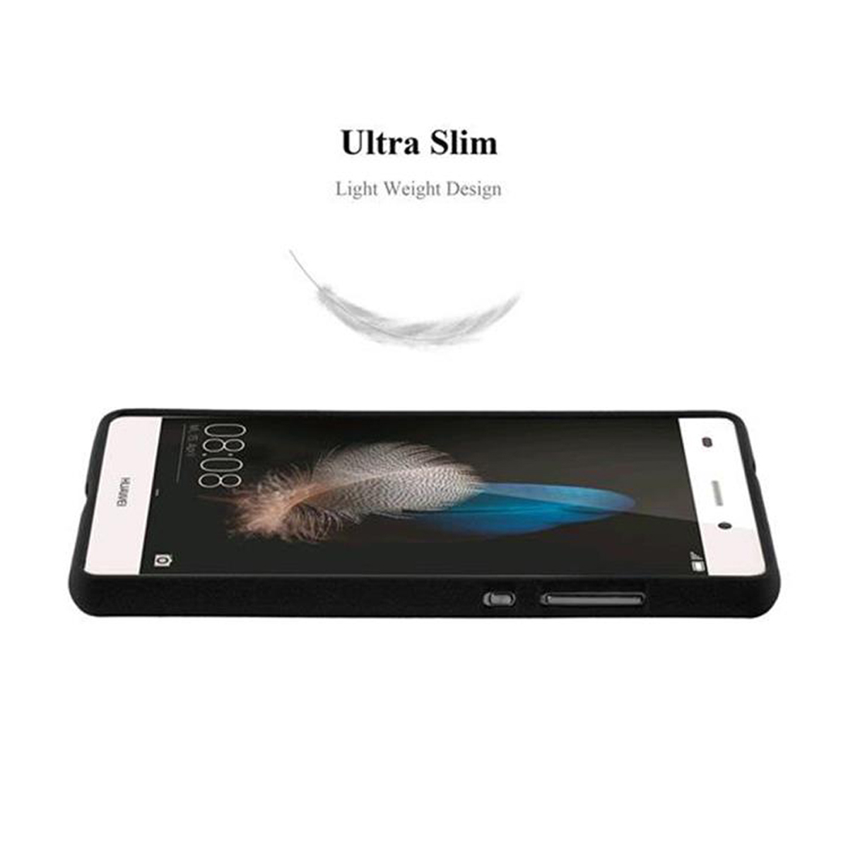 Telefono nero su sfondo bianco. Testo: Ultra Slim, Light Weight Design. Una piuma bianca sopra.
