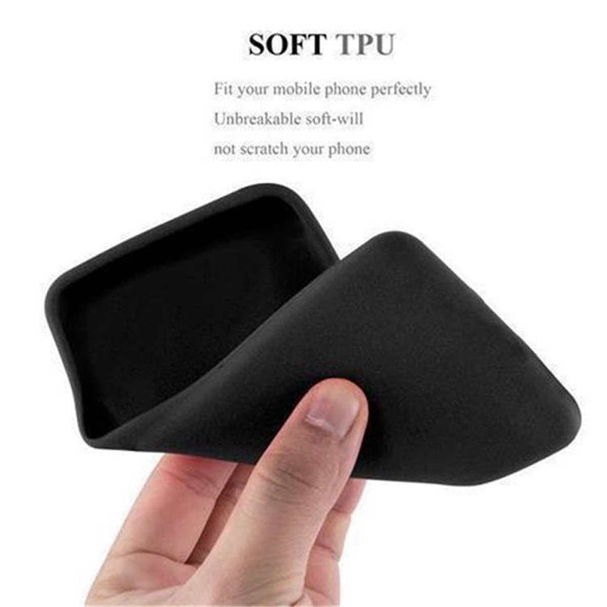 Una custodia per telefono in TPU nera tenuta in mano. Il testo in alto dice 'SOFT TPU'.