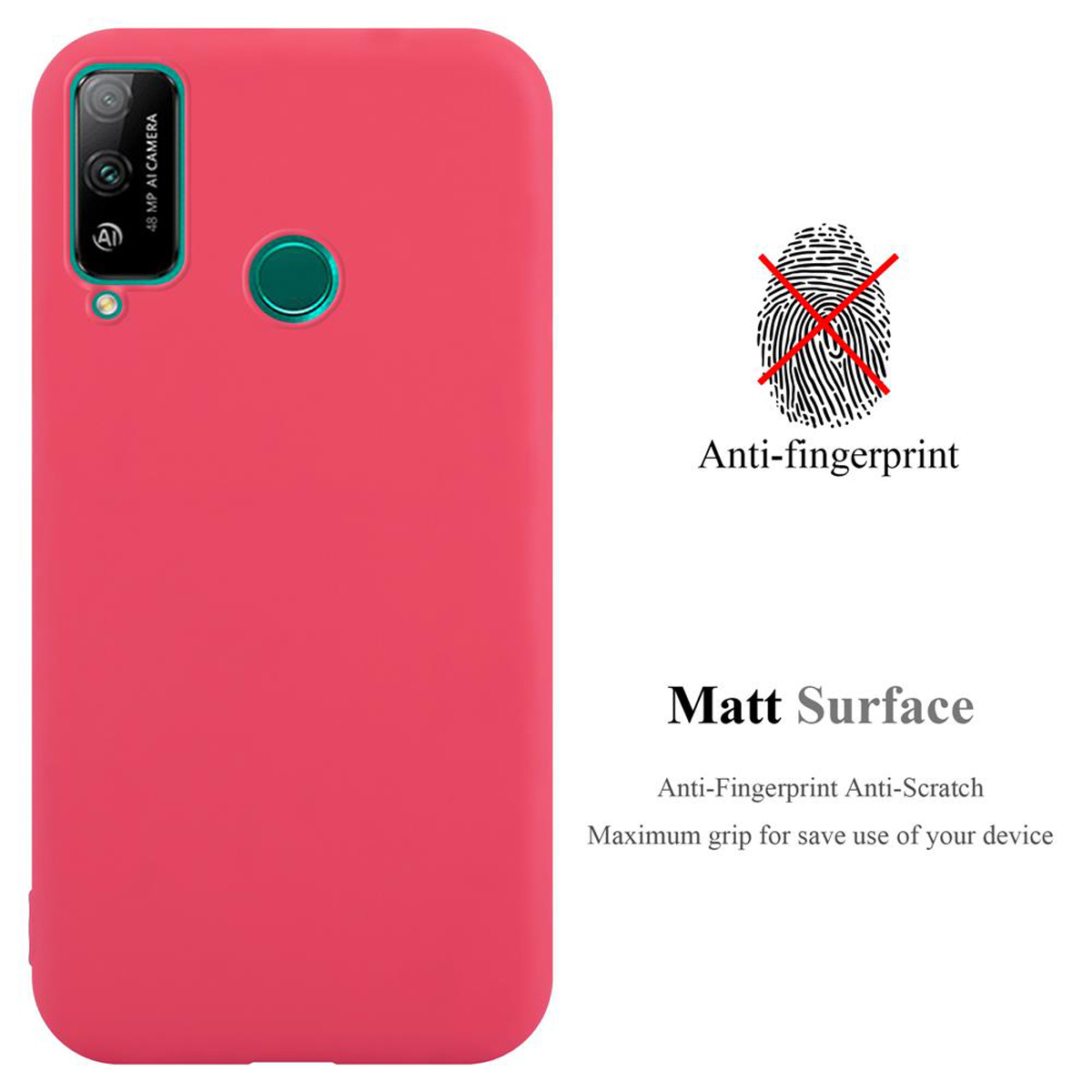 Eine rote Handyhülle mit Text, einem durchgestrichenen Fingerabdrucksymbol und den Worten: Anti-Fingerabdruck, Matt Surface.