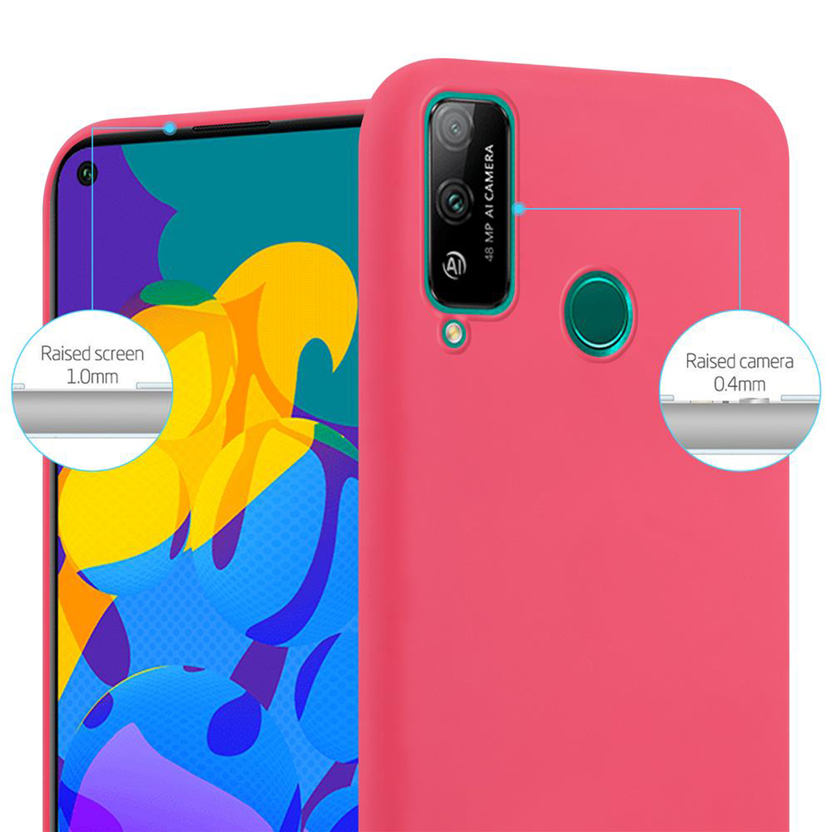 Eine rosa Handyhülle mit einem Telefon darin, die den erhöhten Bildschirm und die Kamera hervorhebt.