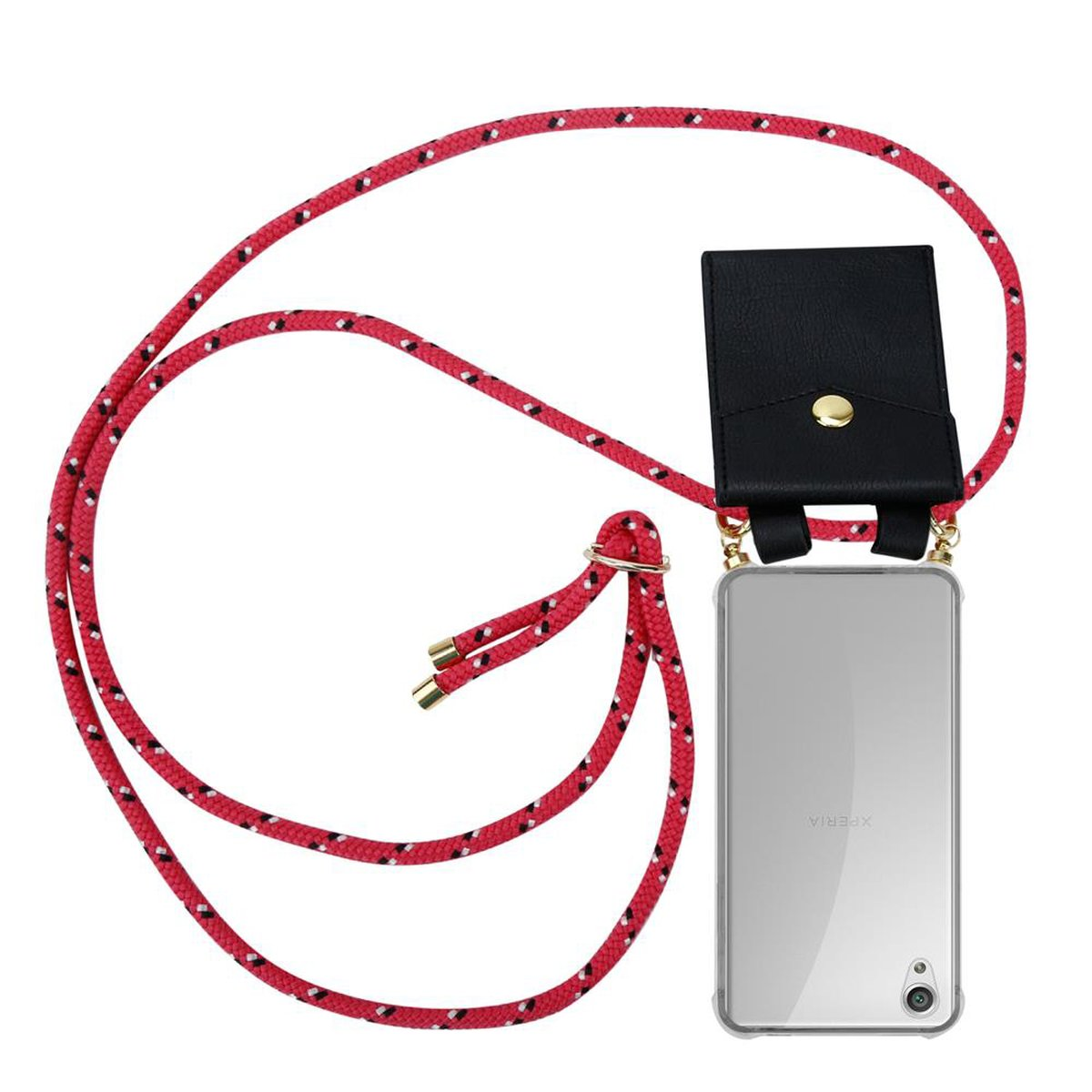 Rotes Schnur-Handycase mit schwarzer Tasche, Telefon in klarer Hülle.