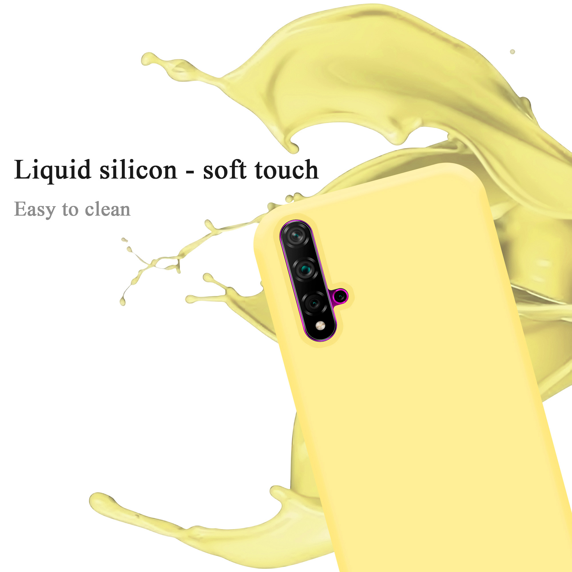 Eine gelbe Handyhülle mit Dreifach-Kamera. Gelbe Flüssigkeit spritzt im Hintergrund. Die Worte 'Liquid silicon'.