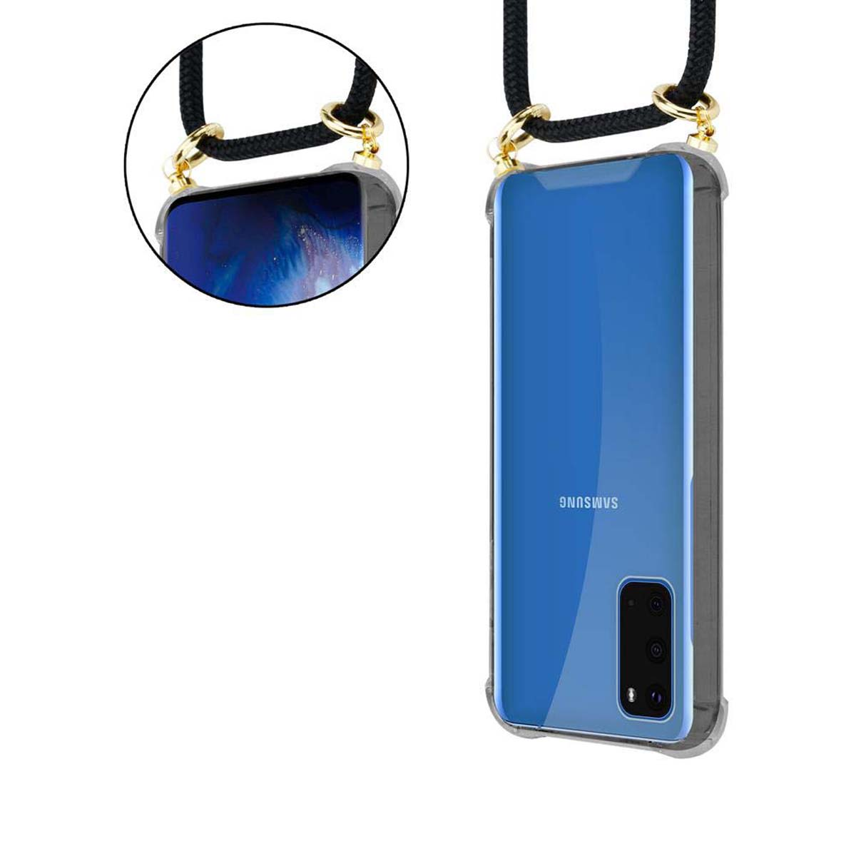 Due telefoni angolati con custodie e cordini, uno mostra uno schermo blu.