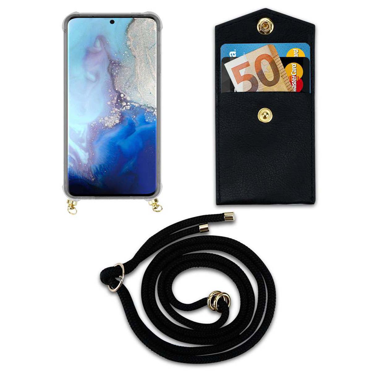 Telefono con custodia, piccolo portafoglio con soldi e un cordino nero.