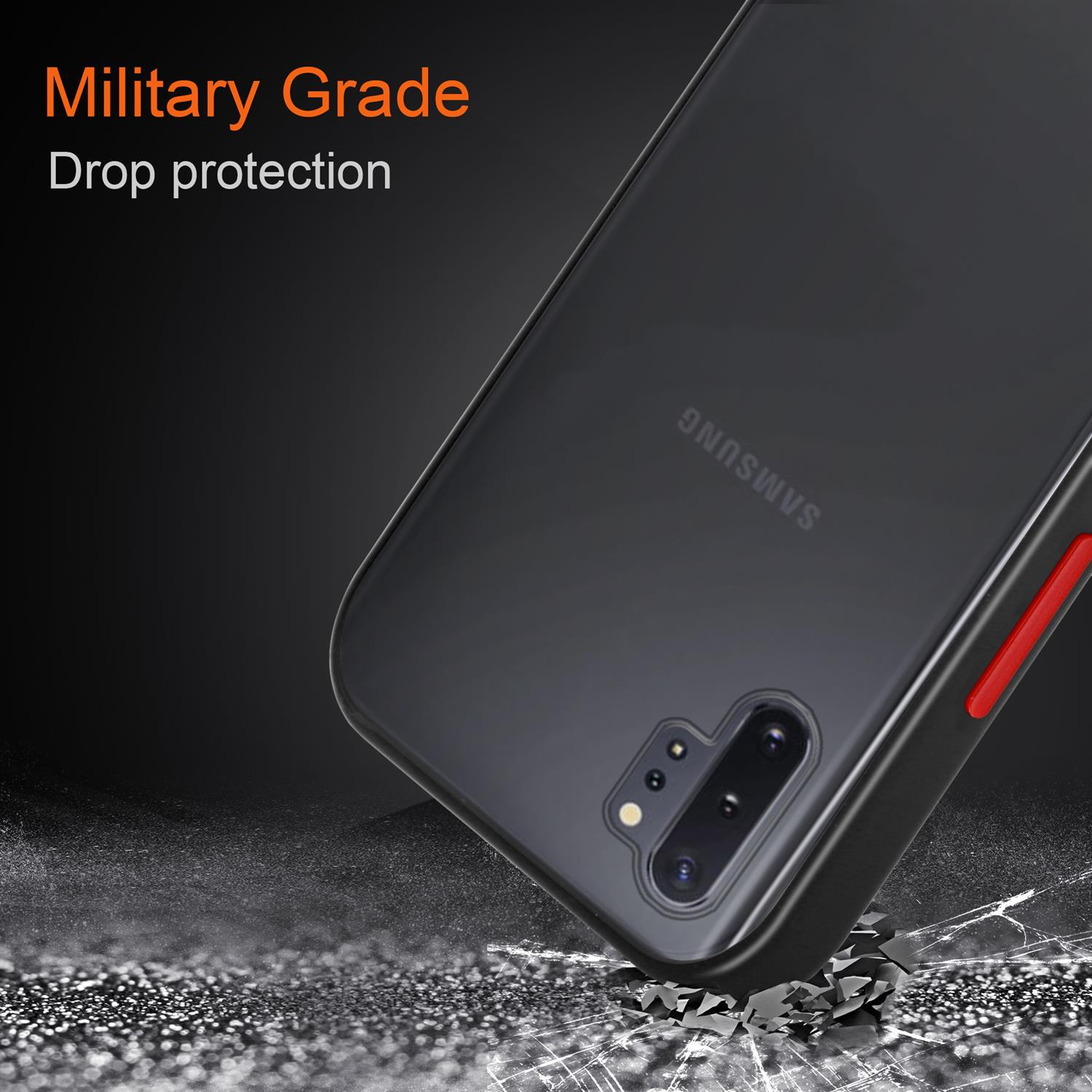 CADORABO Hülle Hybrid Schutzhülle NOTE Galaxy Matt Innenseite Samsung, Schwarz 10, Tasten Rote - TPU und mit Backcover, Rückseite, Kunststoff Silikon matter