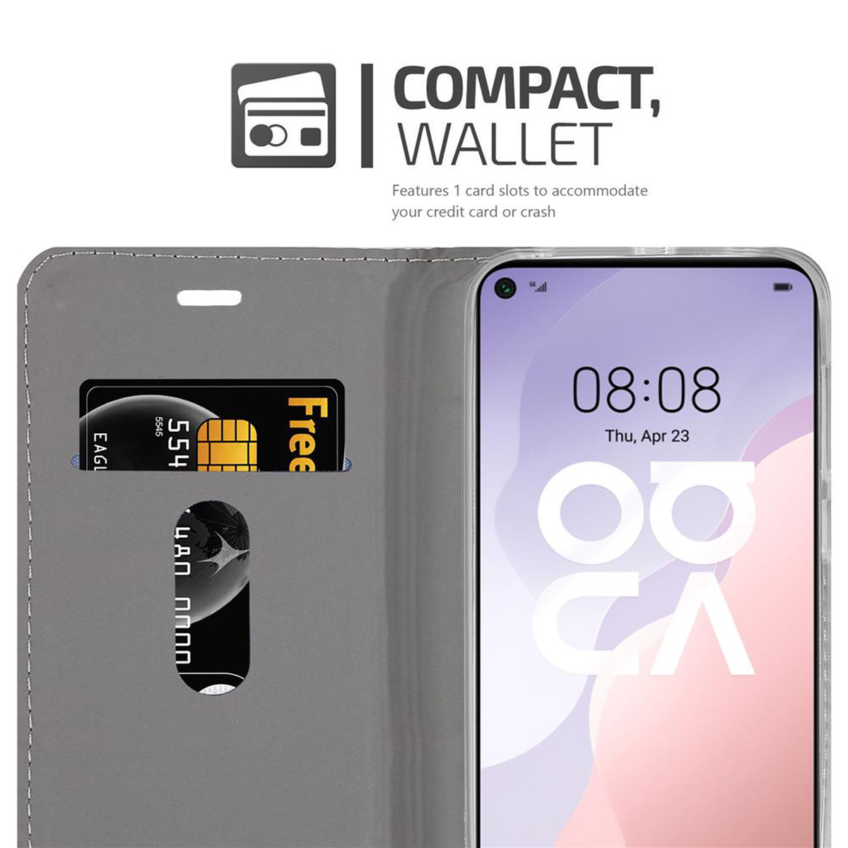 Telefono con carta e portafoglio. Il telefono mostra l'ora. Testo: Compatto, portafoglio. 1 slot per carte.