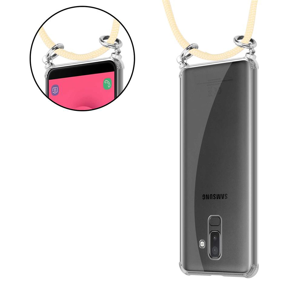 Eine transparente Handyhülle mit einem beigen Umhängeband. Der Bildschirm des Telefons zeigt das Telefonsymbol. Die Marke ist Samsung.