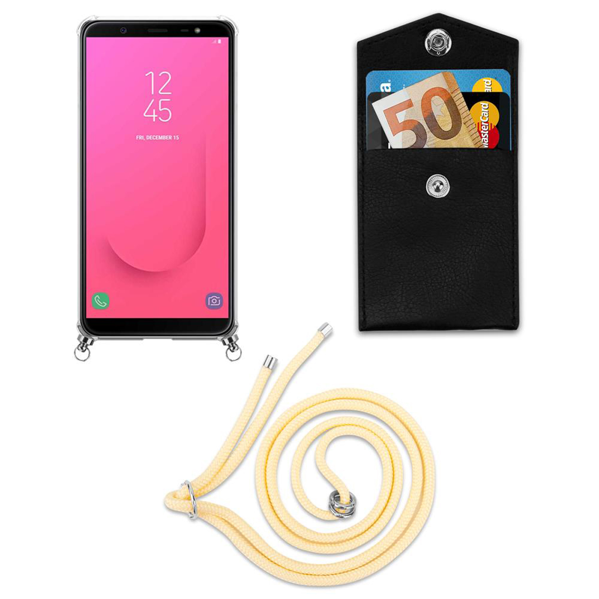 Ein Telefon mit gelbem Seil und einer schwarzen Hülle mit Kreditkarte und Geld.