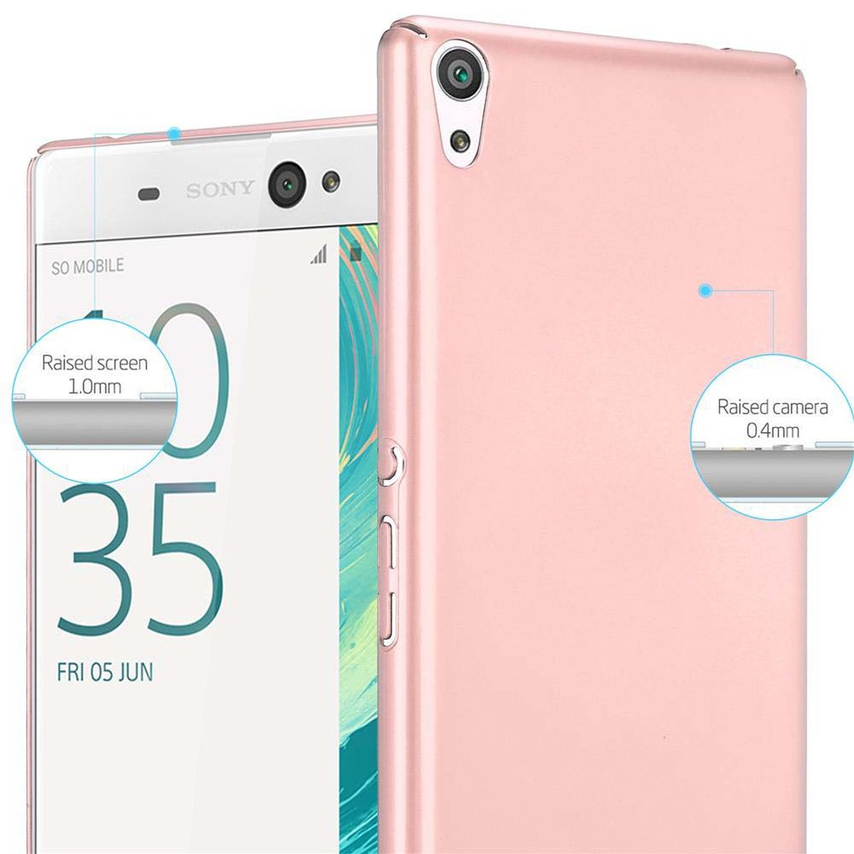 Un telefono e una custodia per telefono, con un diagramma. Il telefono è bianco e rosa, con schermo e fotocamera rialzati.