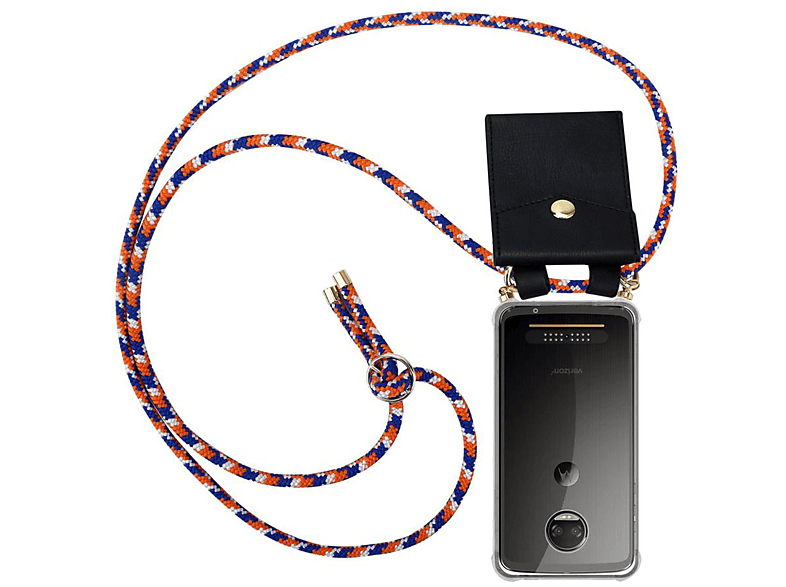 CADORABO Handy Kette mit Gold Motorola, MOTO Ringen, WEIß Band Kordel und Z2, Hülle, abnehmbarer ORANGE BLAU Backcover