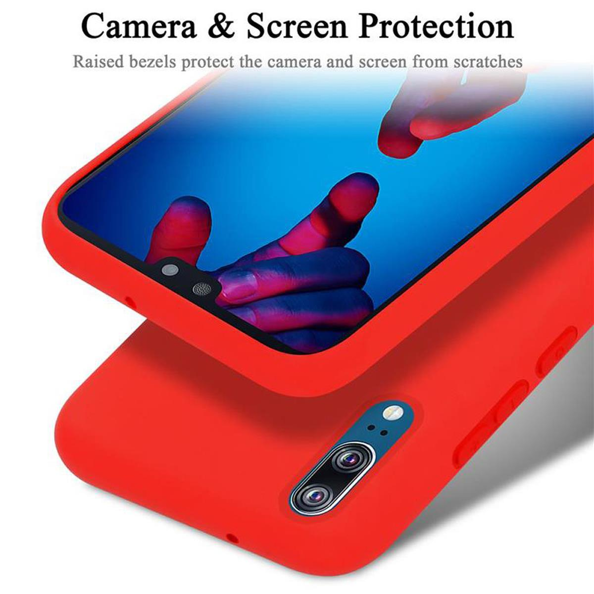Eine rote Handyhülle mit einem Telefon darin. Die Hülle schützt Kamera und Bildschirm.