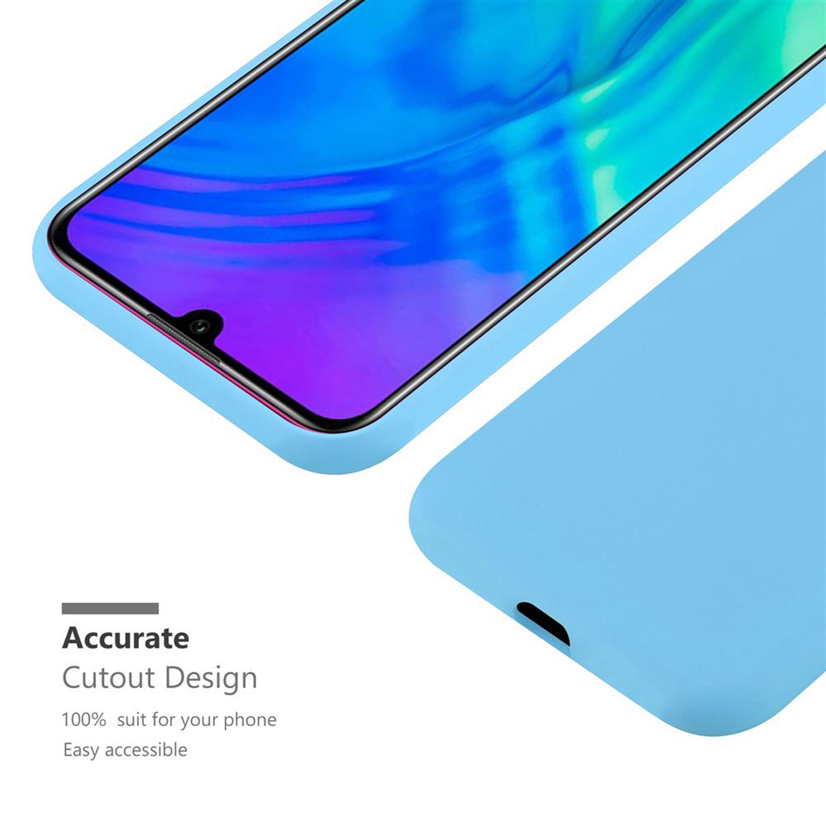 Una custodia per telefono azzurra con un design di ritaglio preciso. Il telefono è blu.