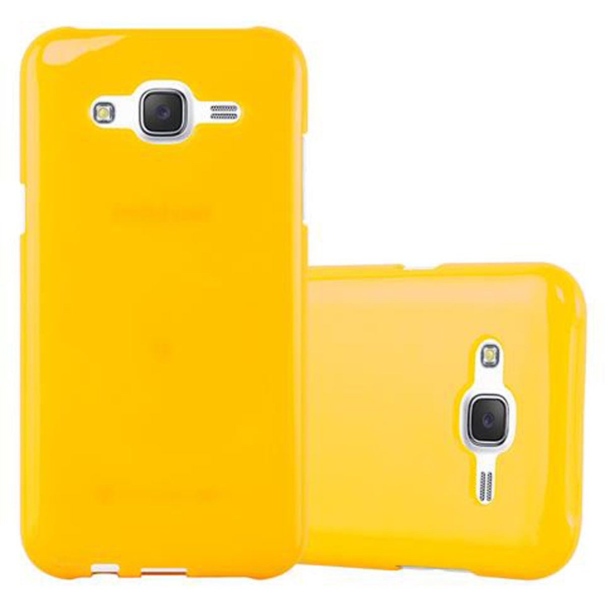 Dos fundas amarillas para teléfono, una en la parte trasera y otra mirando hacia arriba.