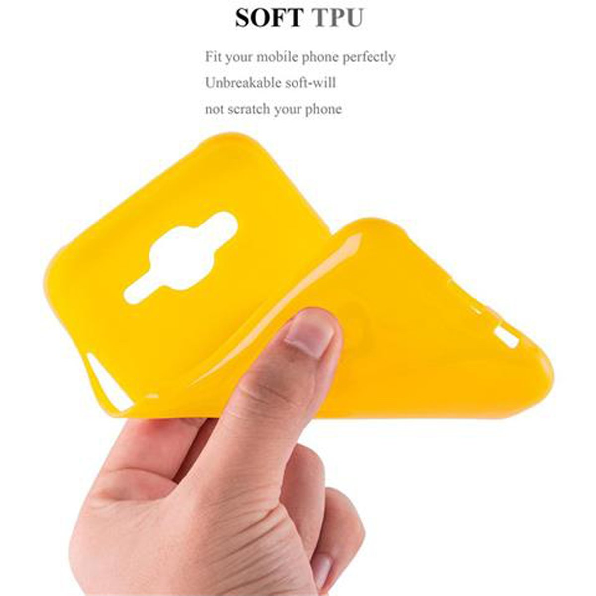 Una funda amarilla para teléfono con texto SOFT TPU, y una mano sosteniéndola.