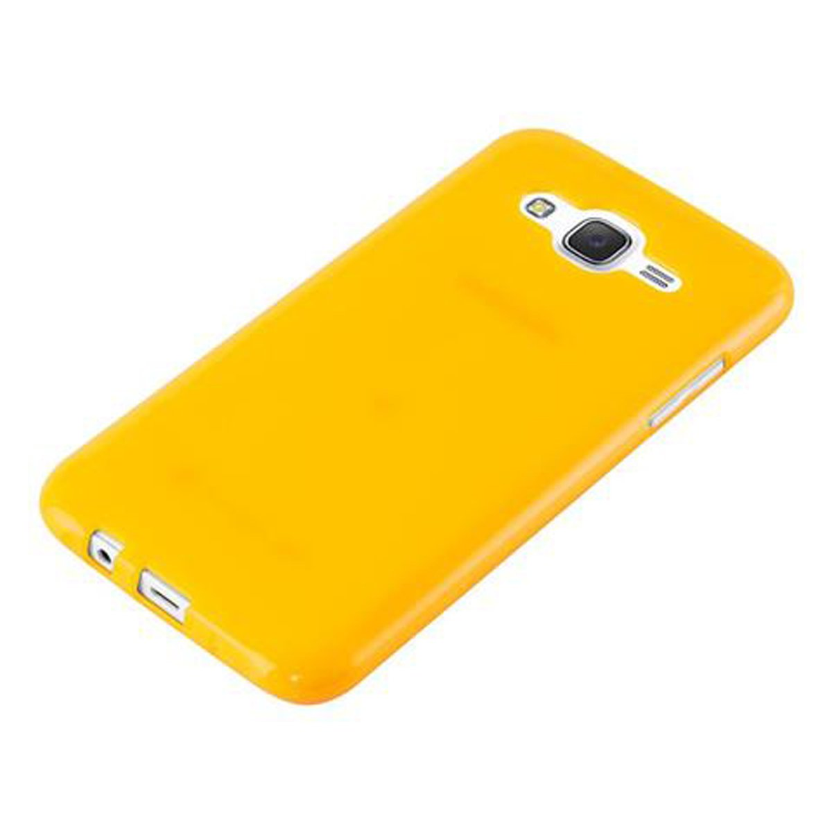 Una funda de teléfono amarilla sobre un fondo blanco, vista en ángulo.