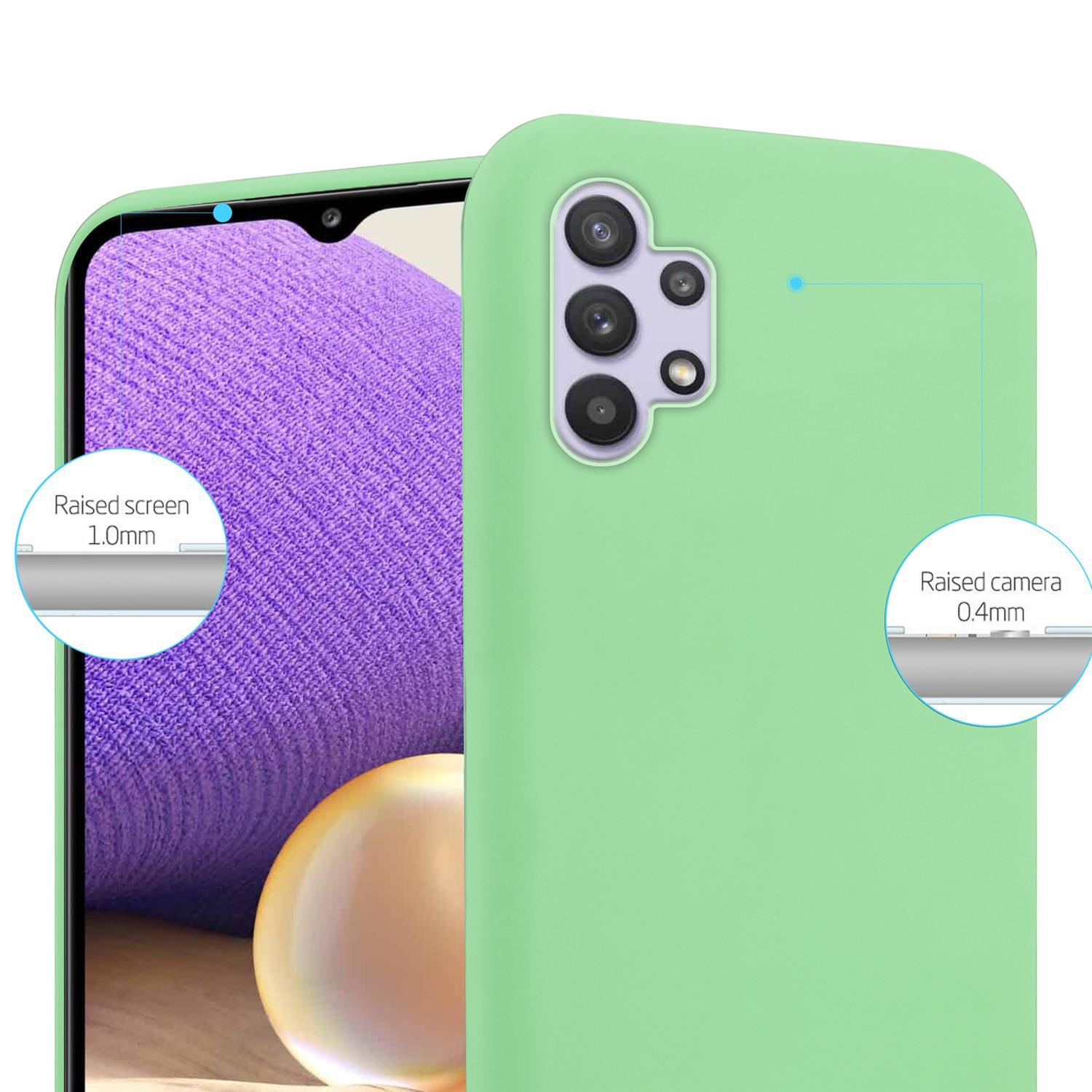 Vista ravvicinata di una custodia per telefono verde chiaro con protezione schermo e fotocamera rialzate.