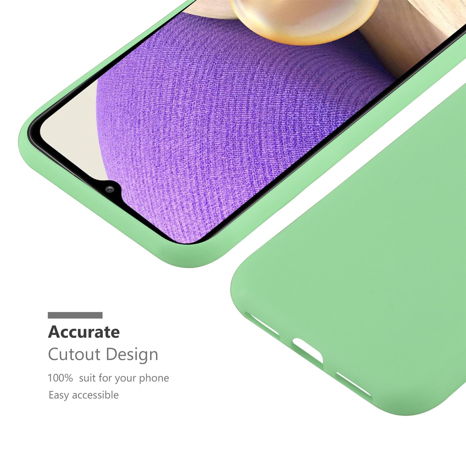 Custodia per telefono verde con cornice verde. Testo: Design di ritaglio accurato. Il telefono è all'interno.