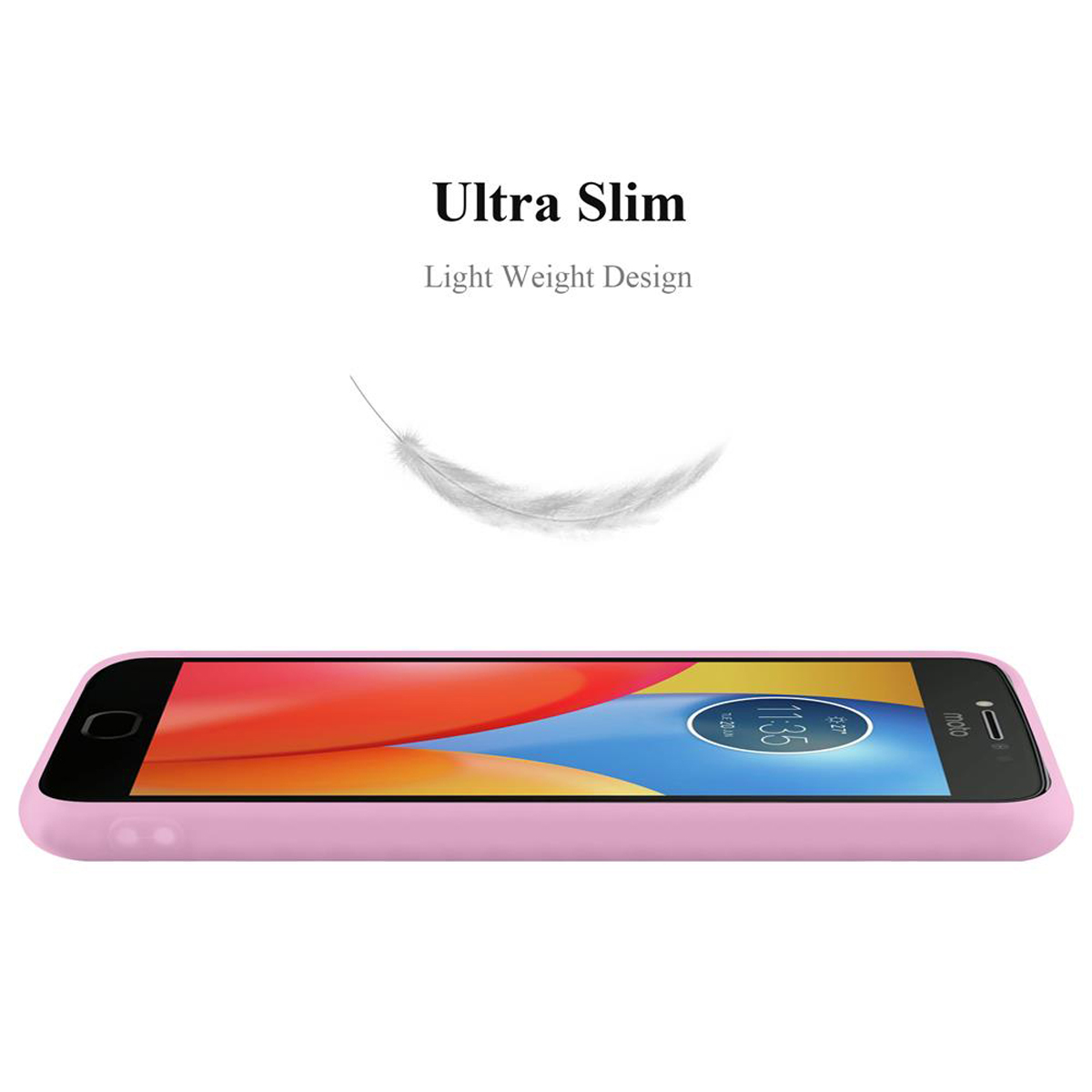 Custodia rosa con telefono. Una piuma bianca fluttua. Il testo recita "Ultra Slim".