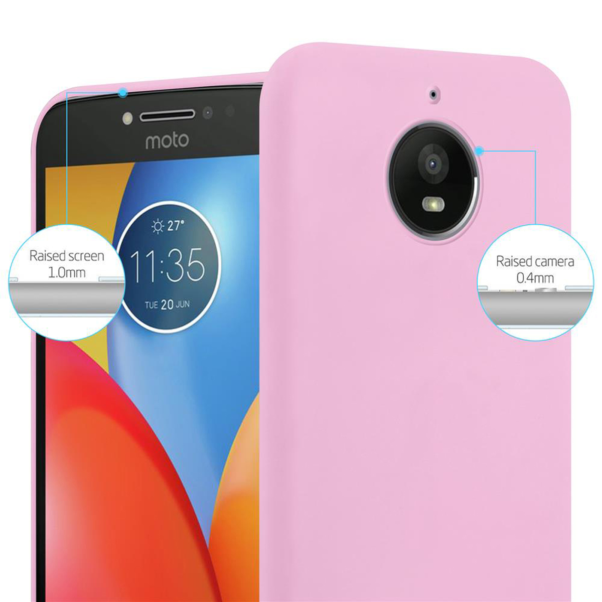 Una custodia per telefono rosa con schermo e fotocamera rialzati, dettagliata in un'immagine ravvicinata.