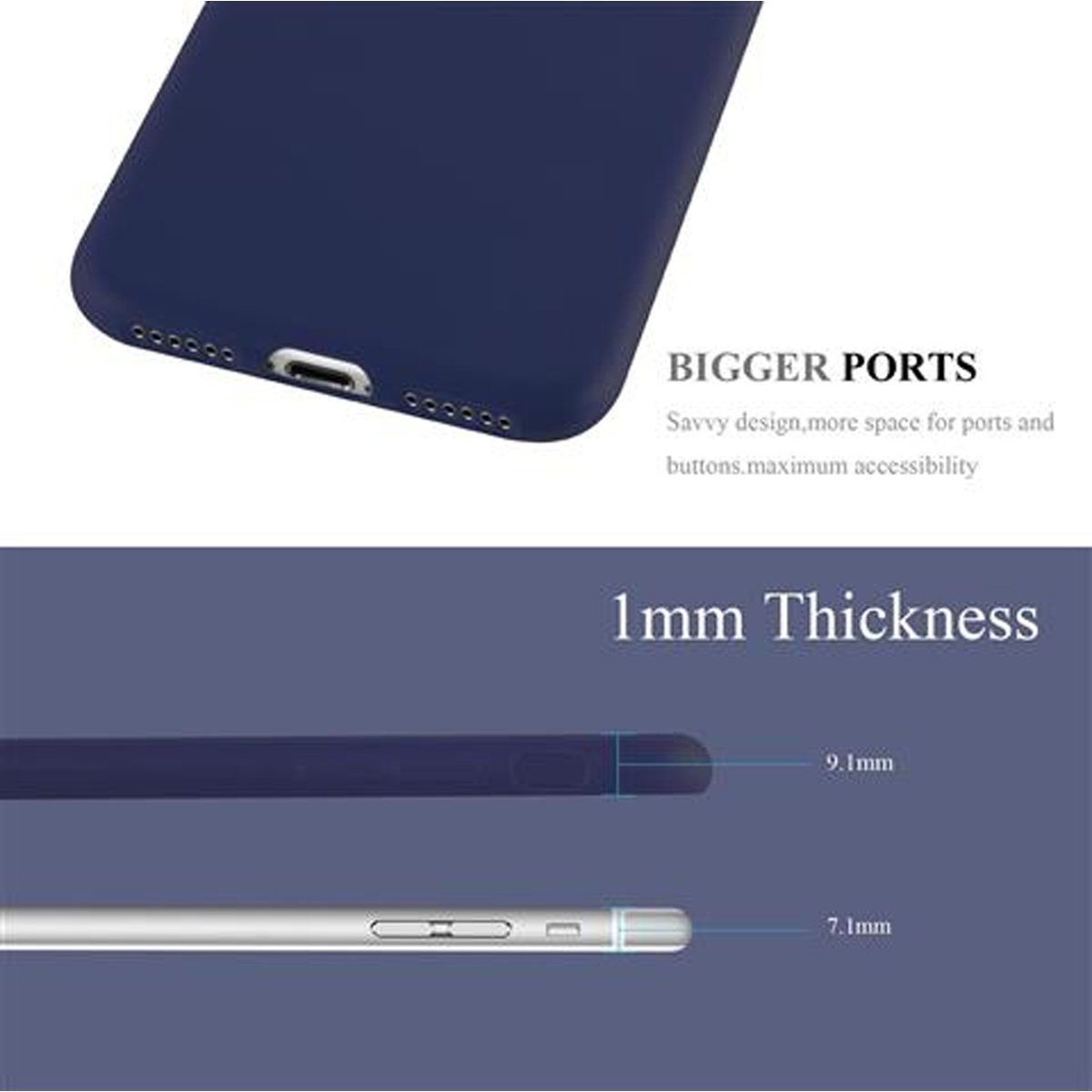 Handyhülle mit dem Text 'BIGGER PORTS' und einem Diagramm zum Vergleich der Dicke.