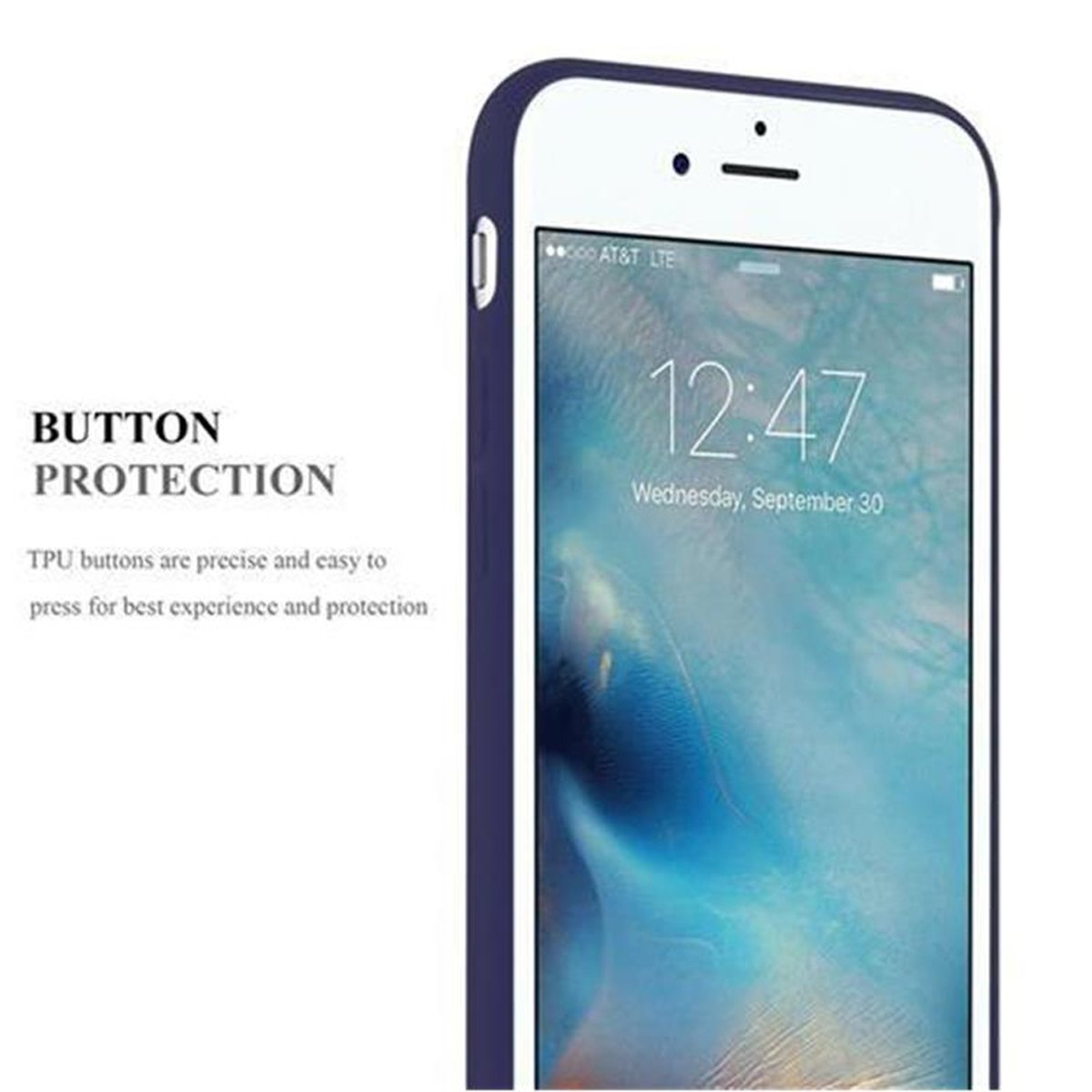 Ein Telefon mit blauer Hülle, das die Uhrzeit und ein Telefonsignal anzeigt. Text über den Tastenschutz.