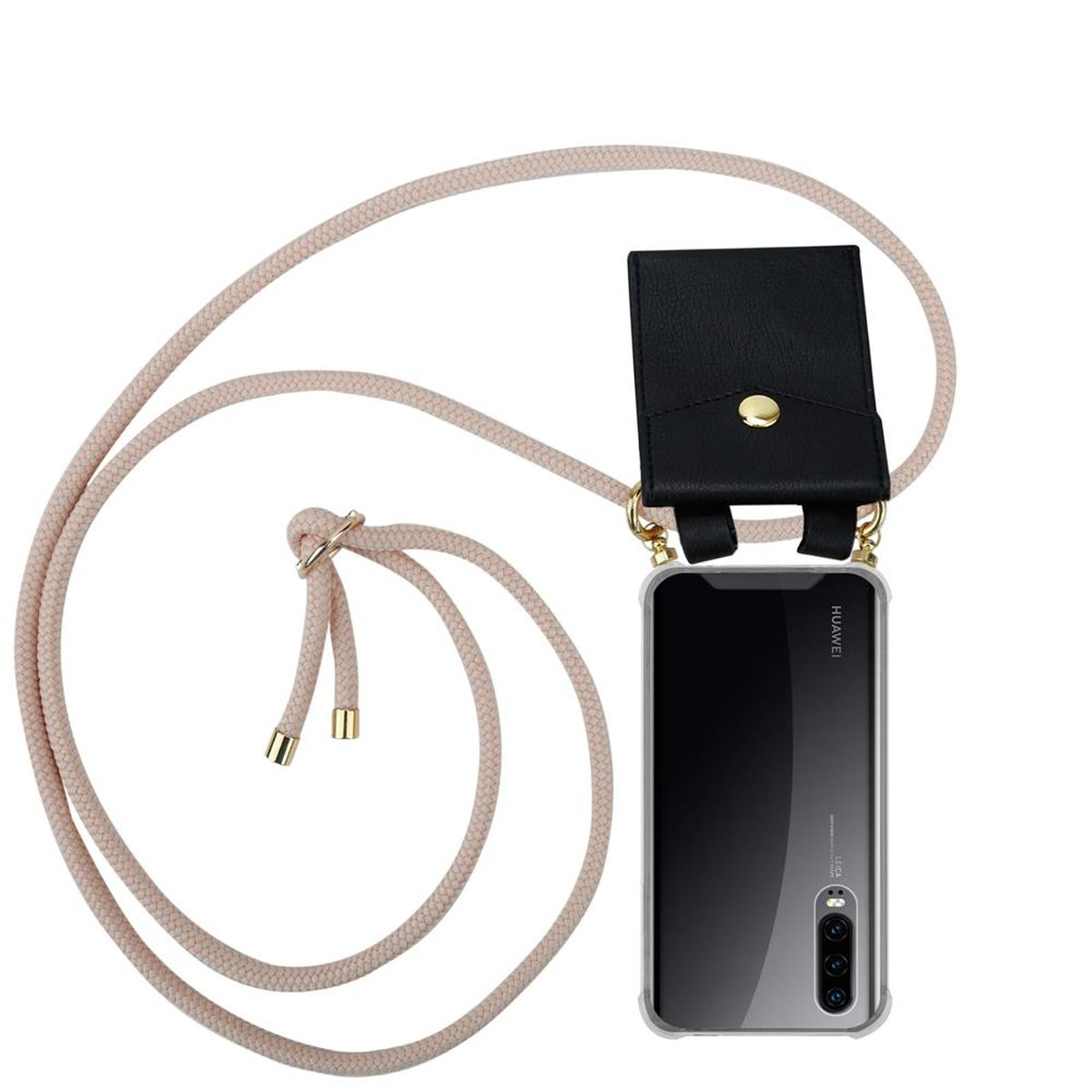 CADORABO Handy Kette mit abnehmbarer Hülle, Band Huawei, P30, ROSÉGOLD PERLIG Ringen, Gold Kordel und Backcover