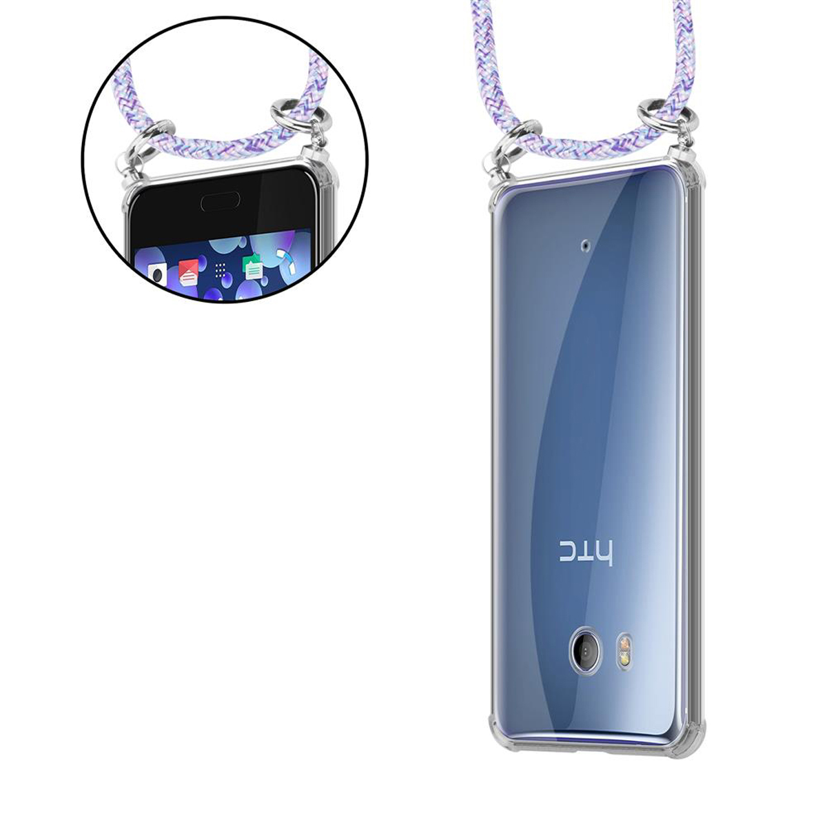 Ein HTC-Telefon in einer durchsichtigen Hülle mit einem Schlüsselband. Das Telefon zeigt den Startbildschirm an.