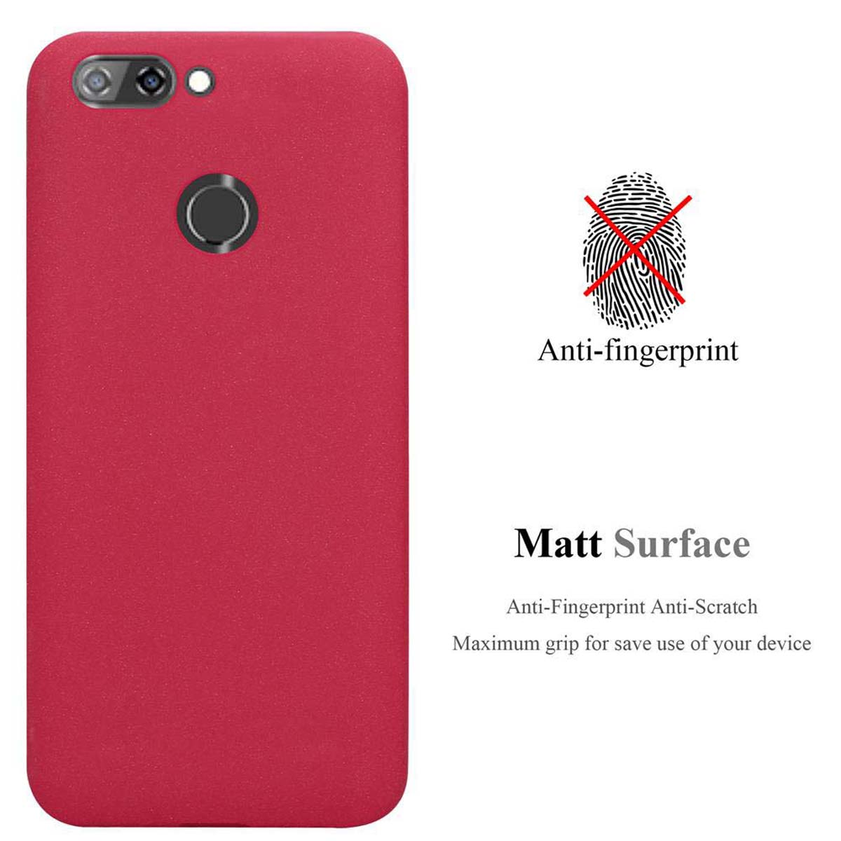 Custodia per telefono rossa con funzione anti-impronta e superficie opaca, con il telefono.