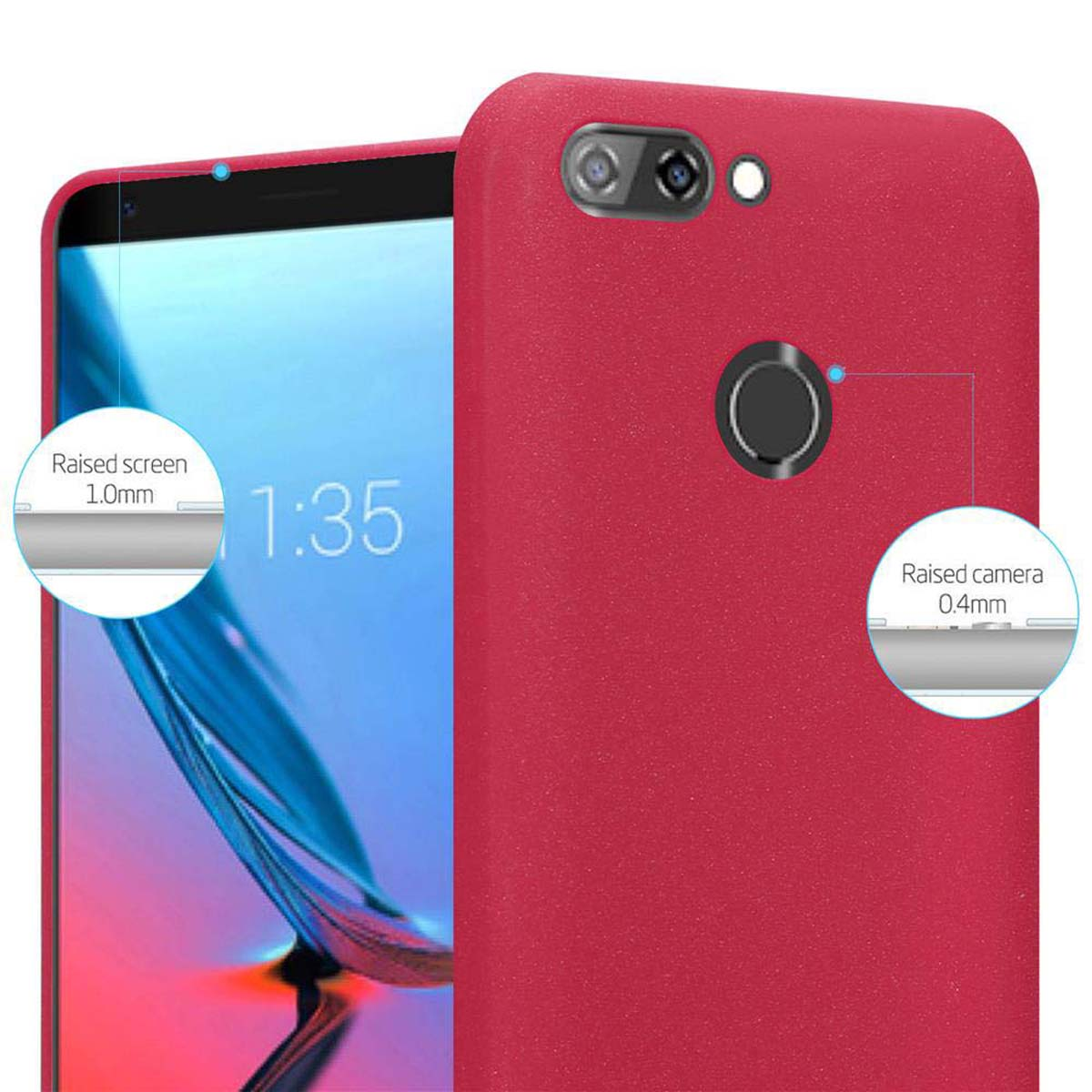 Una custodia per telefono rossa con schermo e protezione fotocamera rialzati.