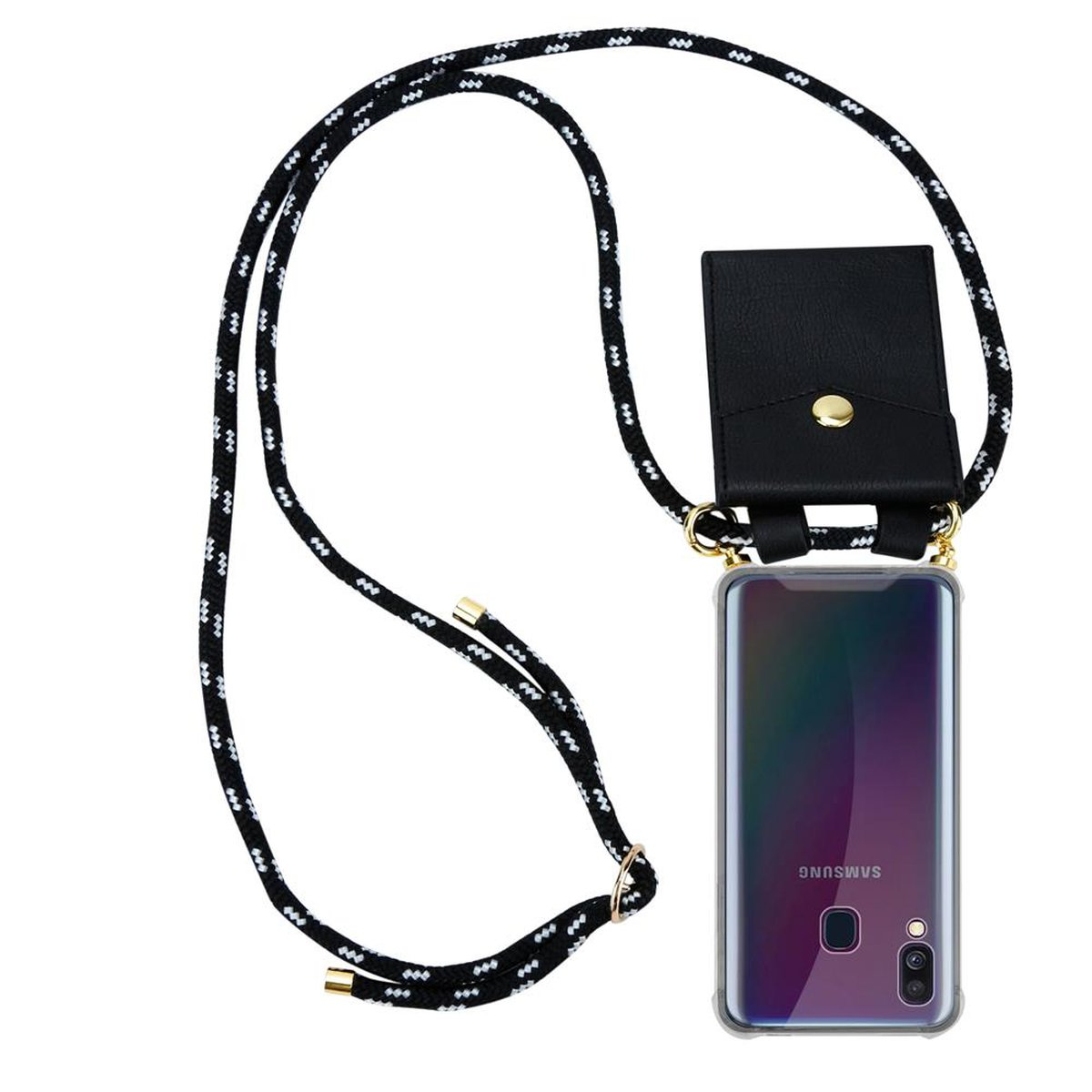 CADORABO Handy Kette abnehmbarer Ringen, Gold A40, Band und Backcover, SILBER SCHWARZ Galaxy Hülle, mit Samsung, Kordel