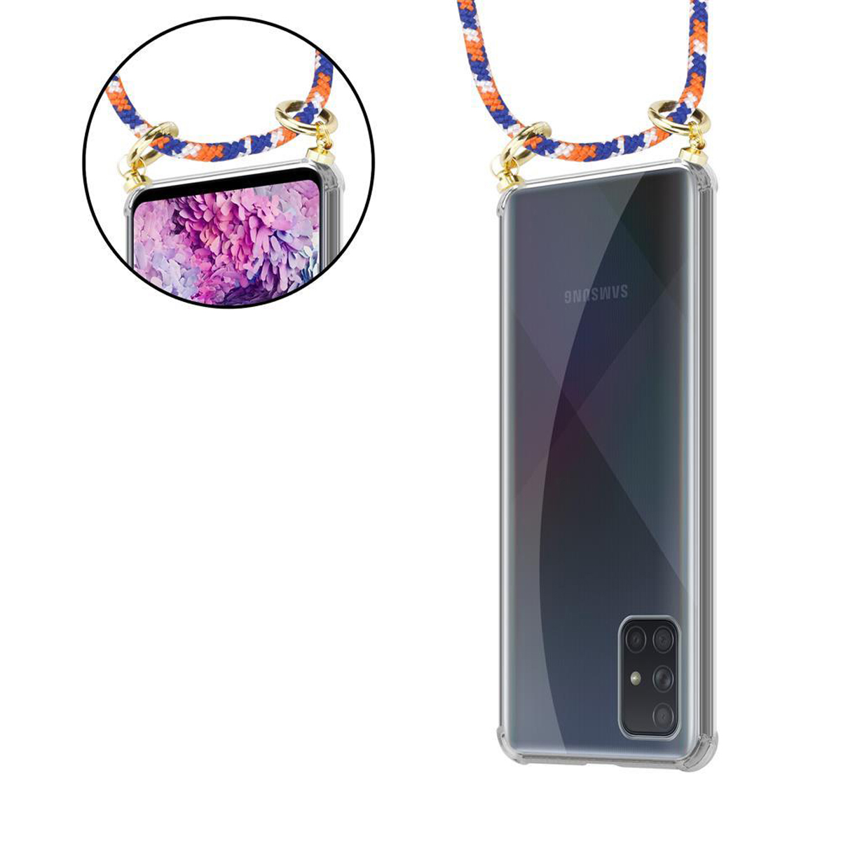Un telefono con un cordino. Il telefono è in una custodia trasparente. Il cordino ha dettagli dorati.