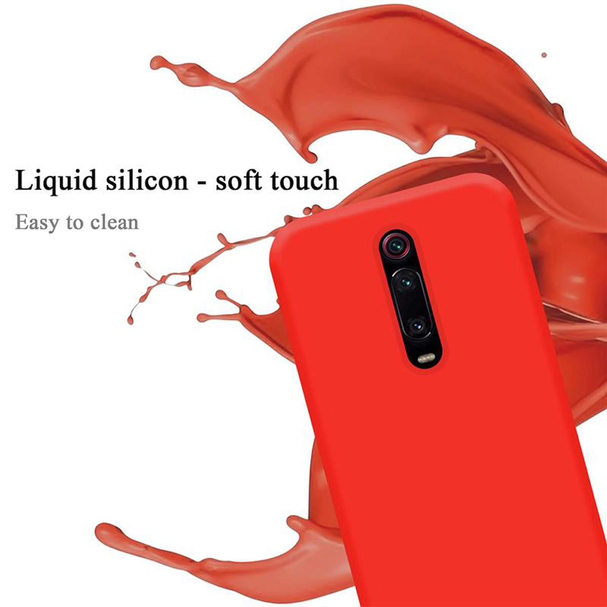 Eine rote Handyhülle mit einem Telefon darin. Rote Flüssigkeit spritzt um die Hülle. Die Hülle hat Kameralinsen.