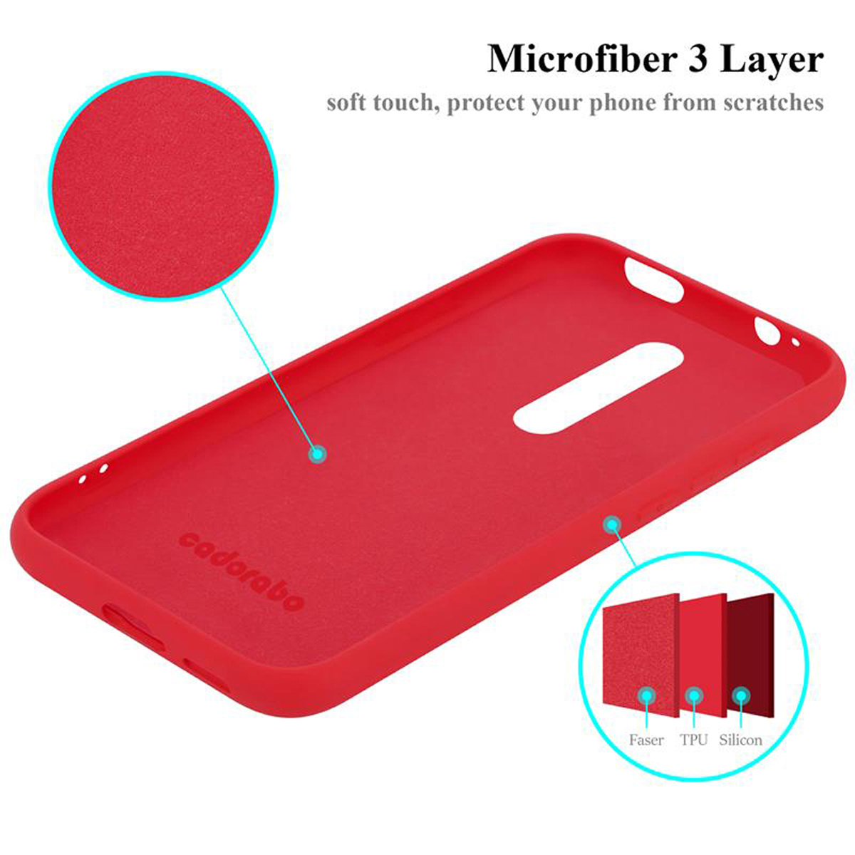Rotes Handygehäuse-Innenteil mit Text: 'Microfiber 3 Layer'. Blaue Kreise zeigen die Schichten.