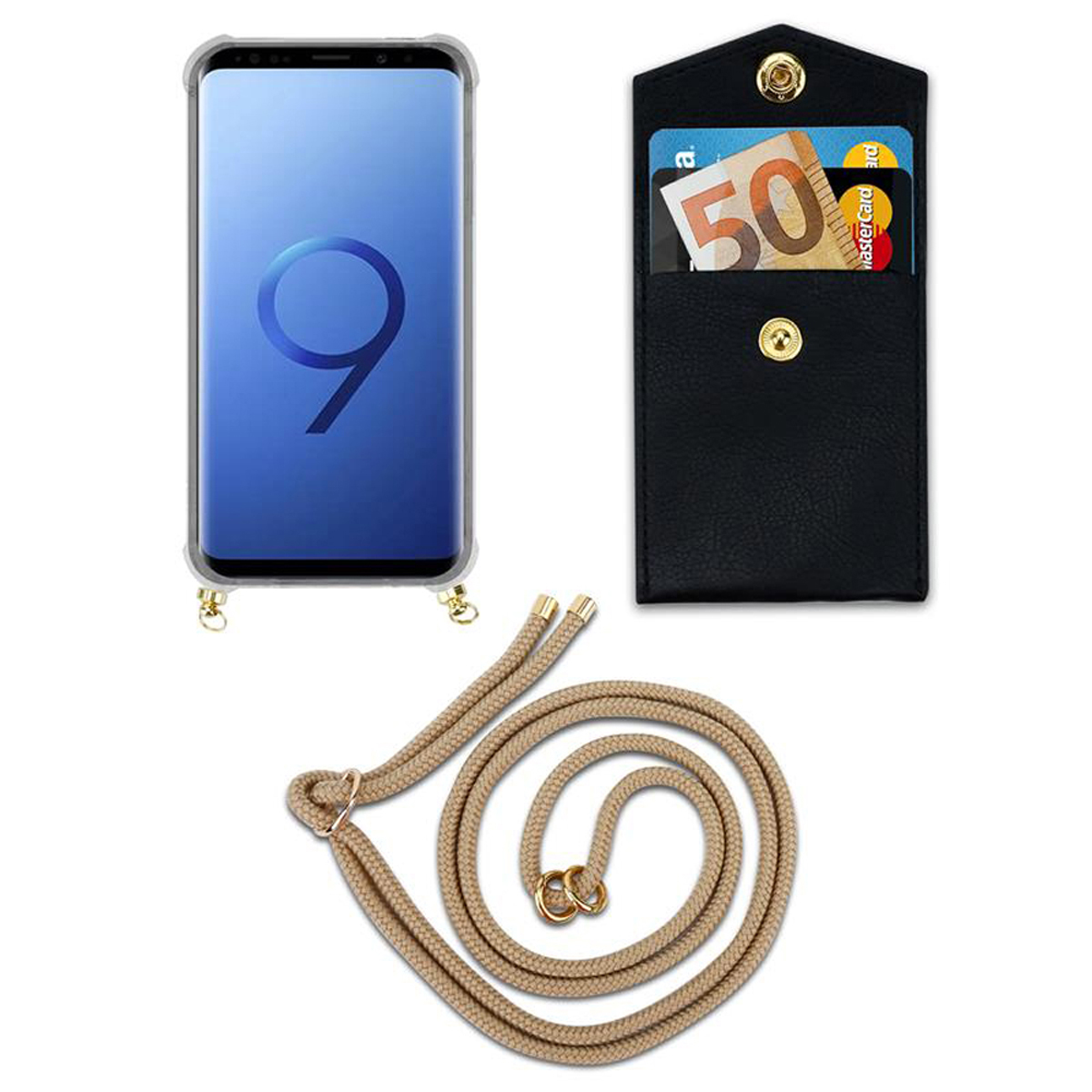 Telefono con custodia e cordino. Cordino marrone a spirale su bianco. Portafoglio nero con carte.
