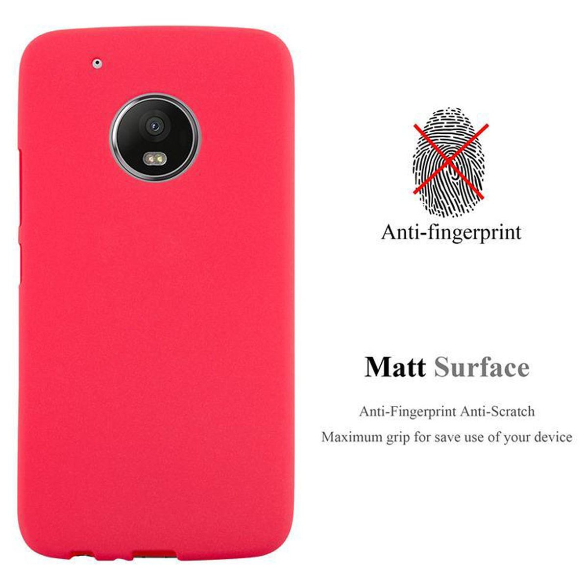 Custodia per telefono rossa. Testo: Anti-impronte, Superficie opaca. L'immagine illustra l'aderenza della custodia.