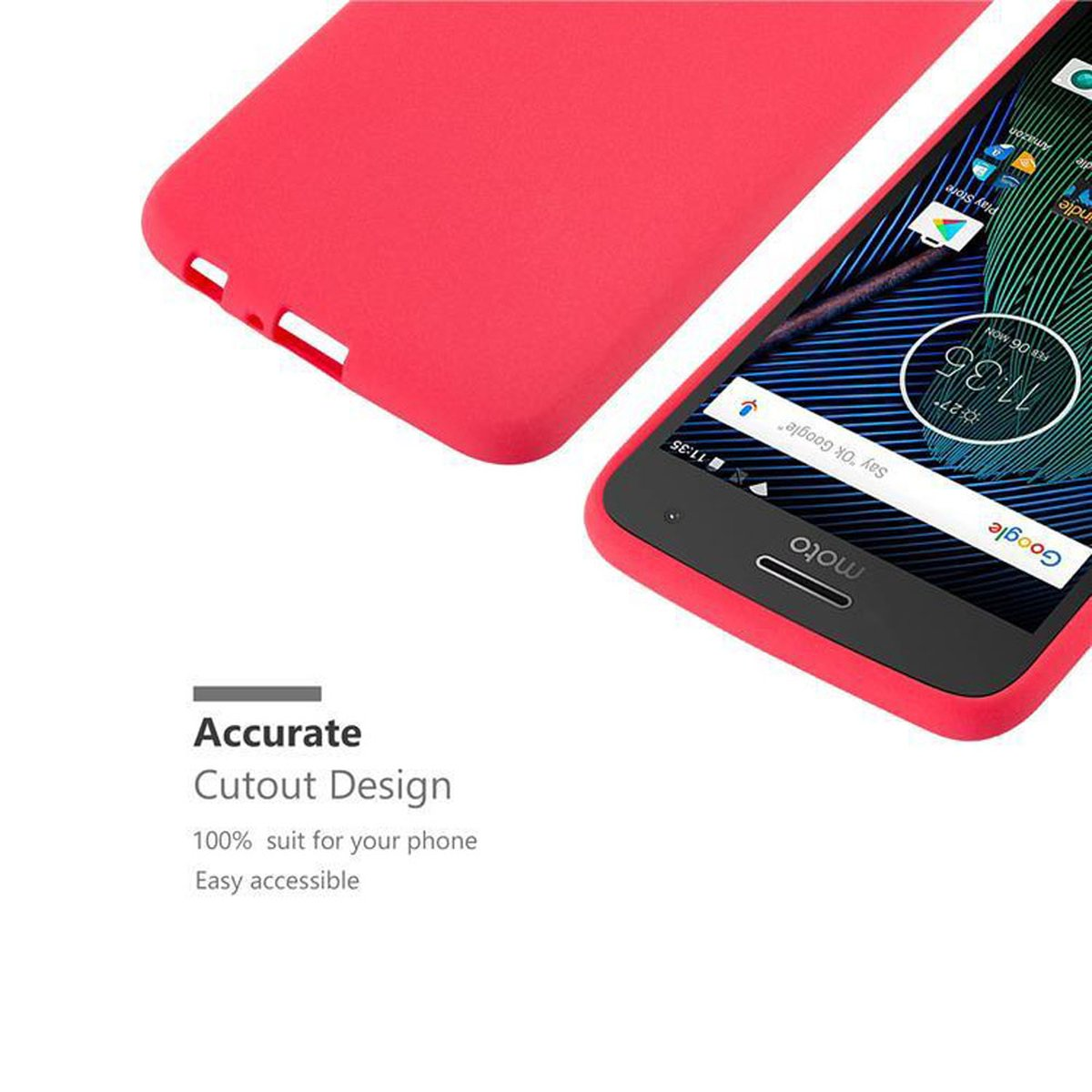 Una custodia per telefono e un telefono sono mostrati. Il testo recita 'Accurate Cutout Design'. Un telefono è nella custodia.