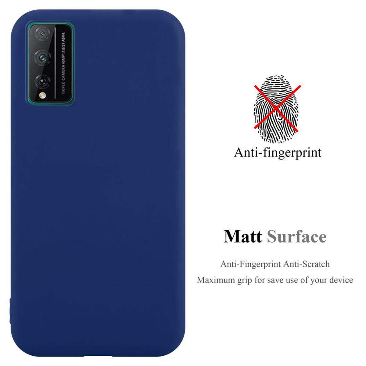 Custodia per telefono blu, con funzioni anti-impronta e superficie opaca. Il testo dice che ha la massima presa.