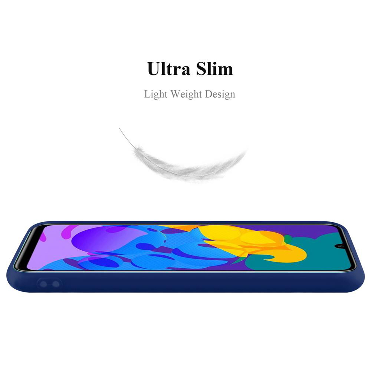 Custodia per telefono blu con un telefono dentro. Testo: "Design ultra sottile e leggero". Una piuma fluttuante.