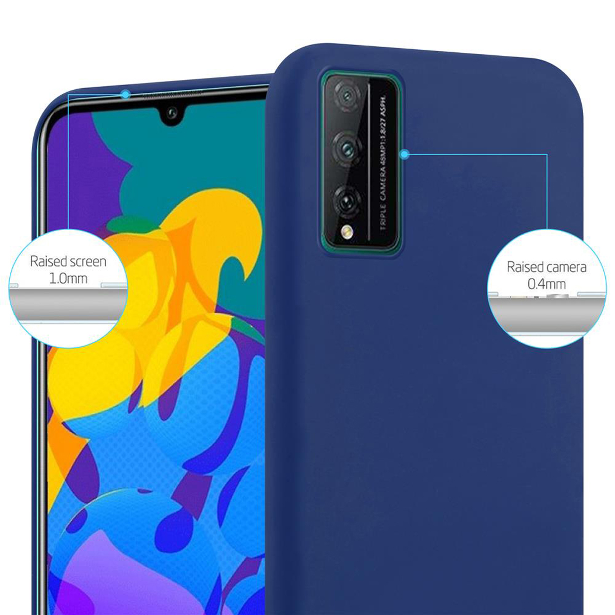 Una custodia per telefono blu scuro. La fotocamera di un telefono è a fuoco. Il testo mostra le misure dello schermo e della fotocamera rialzati.