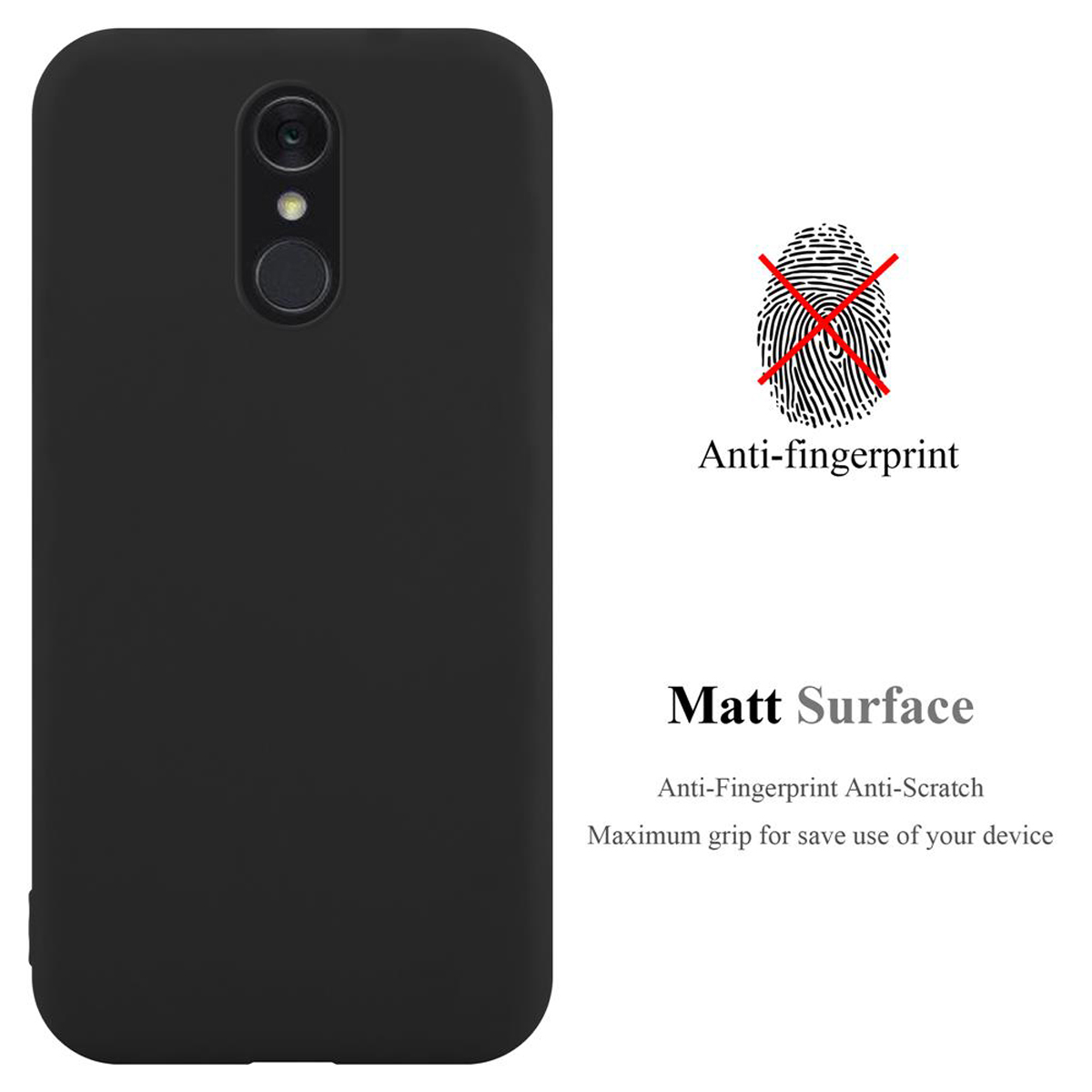 Custodia per telefono nera. Un simbolo di impronta digitale con una croce sopra. Testo: Anti-impronta, Superficie opaca.