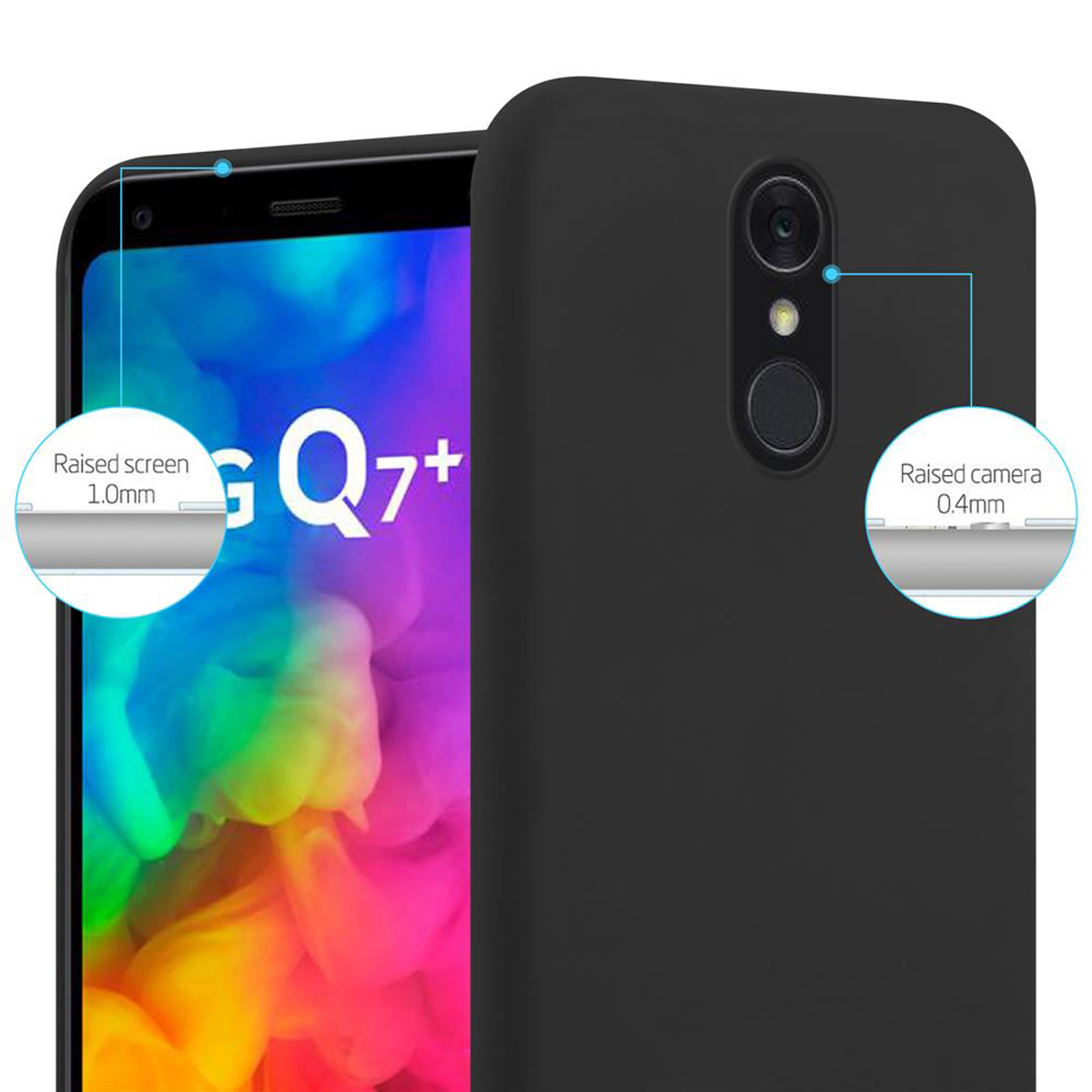 Custodia del telefono, nera, con schermo e fotocamera rialzati, e il nome del modello del telefono.