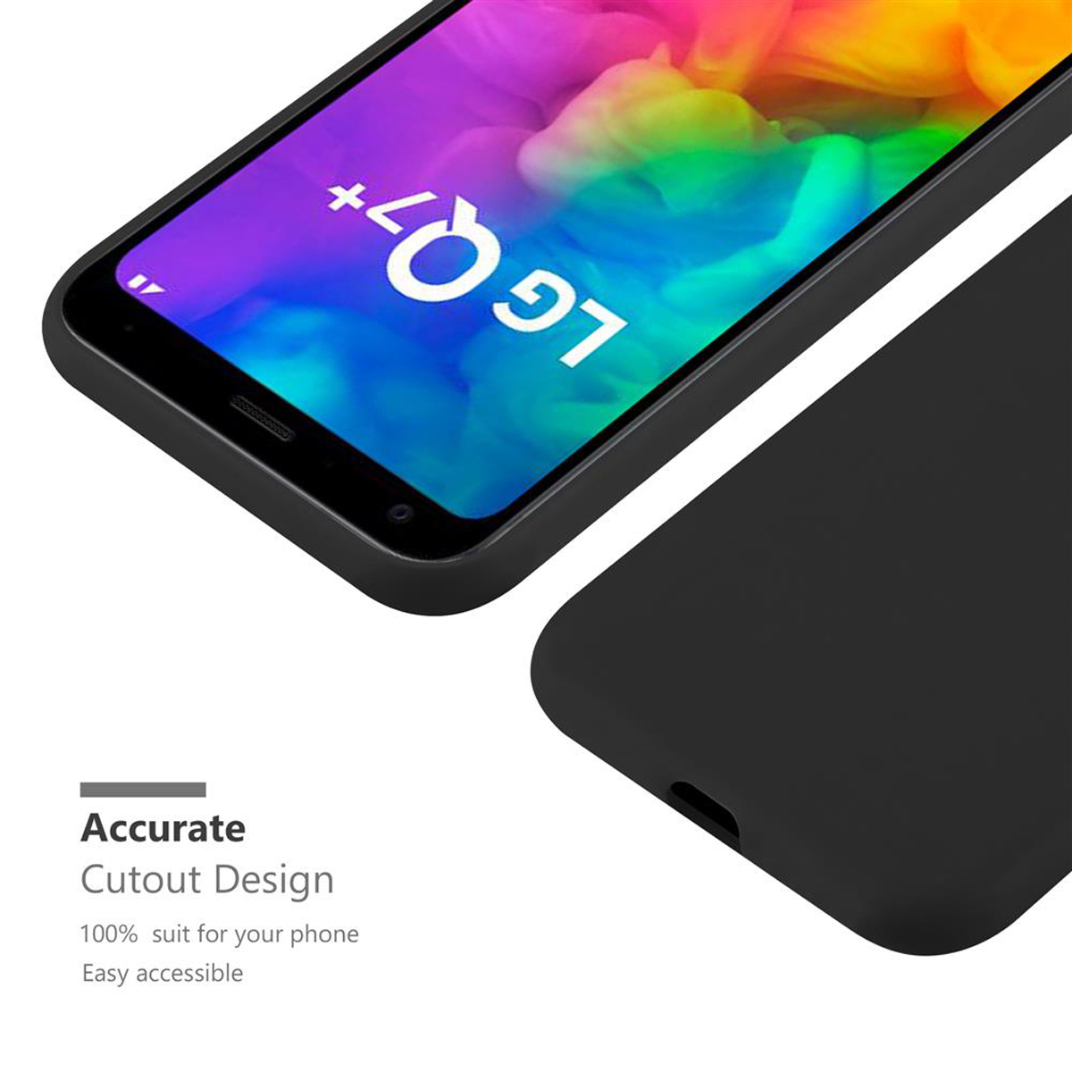 Custodia nera per telefono. Telefono LG Q7+. Design a ritaglio preciso. Testo bianco sullo schermo.