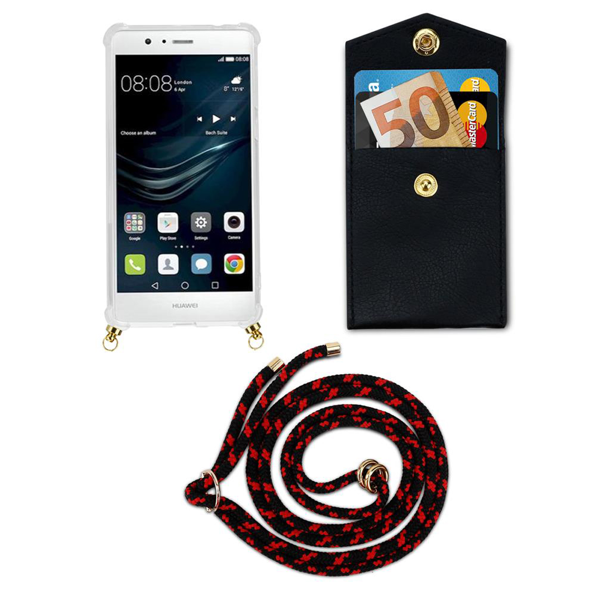 Un téléphone avec un étui sur un cordon et de l'argent à l'intérieur. L'étui est noir avec un cordon rouge et noir. Un fond blanc.